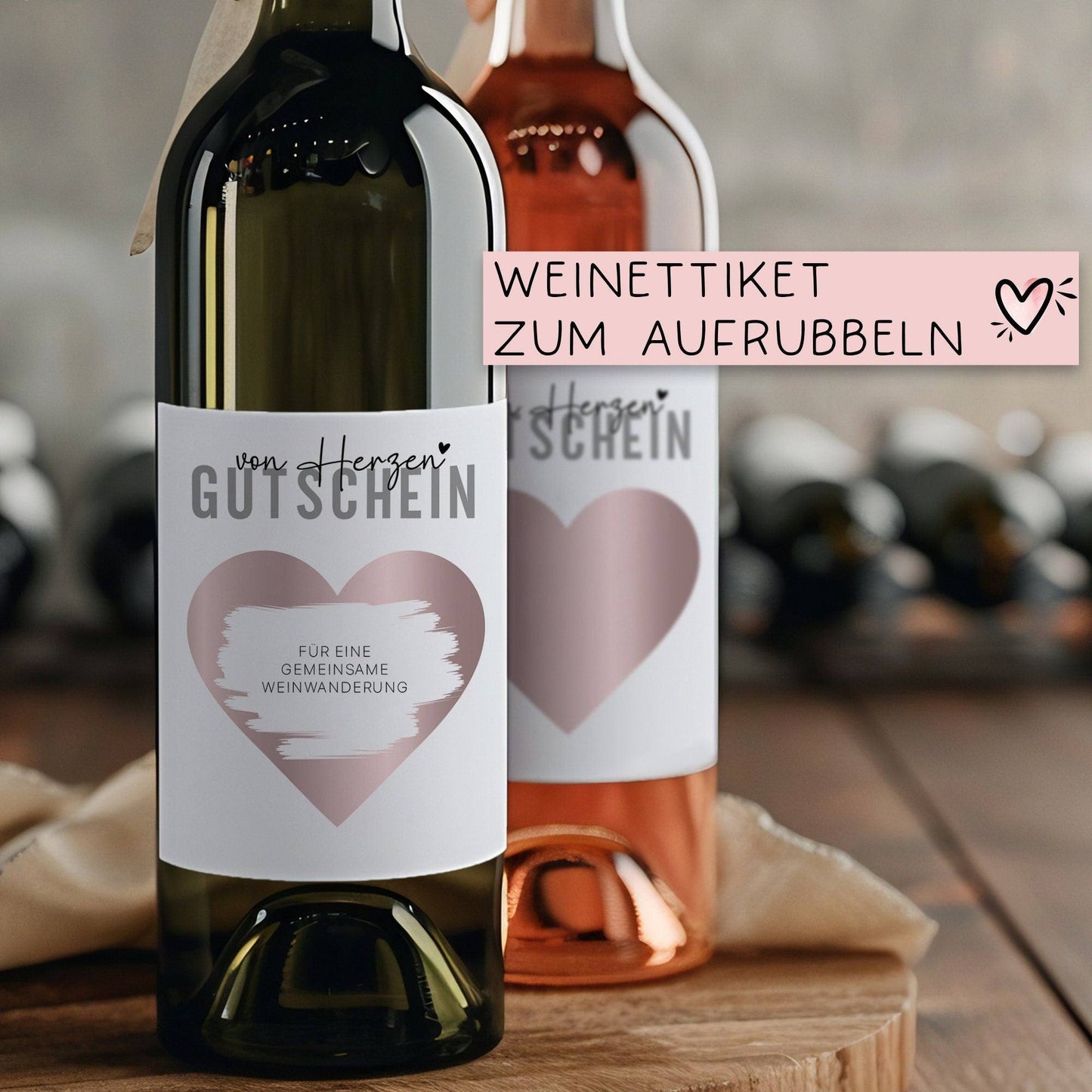 Gutschein "von Herzen" Weinflaschen-Etikett | Personalisiertes Wein Flaschen Etikett | Rubbellos Weinetikett Weihnachten - Gold kleinebuchstaben Rosa von Herzen