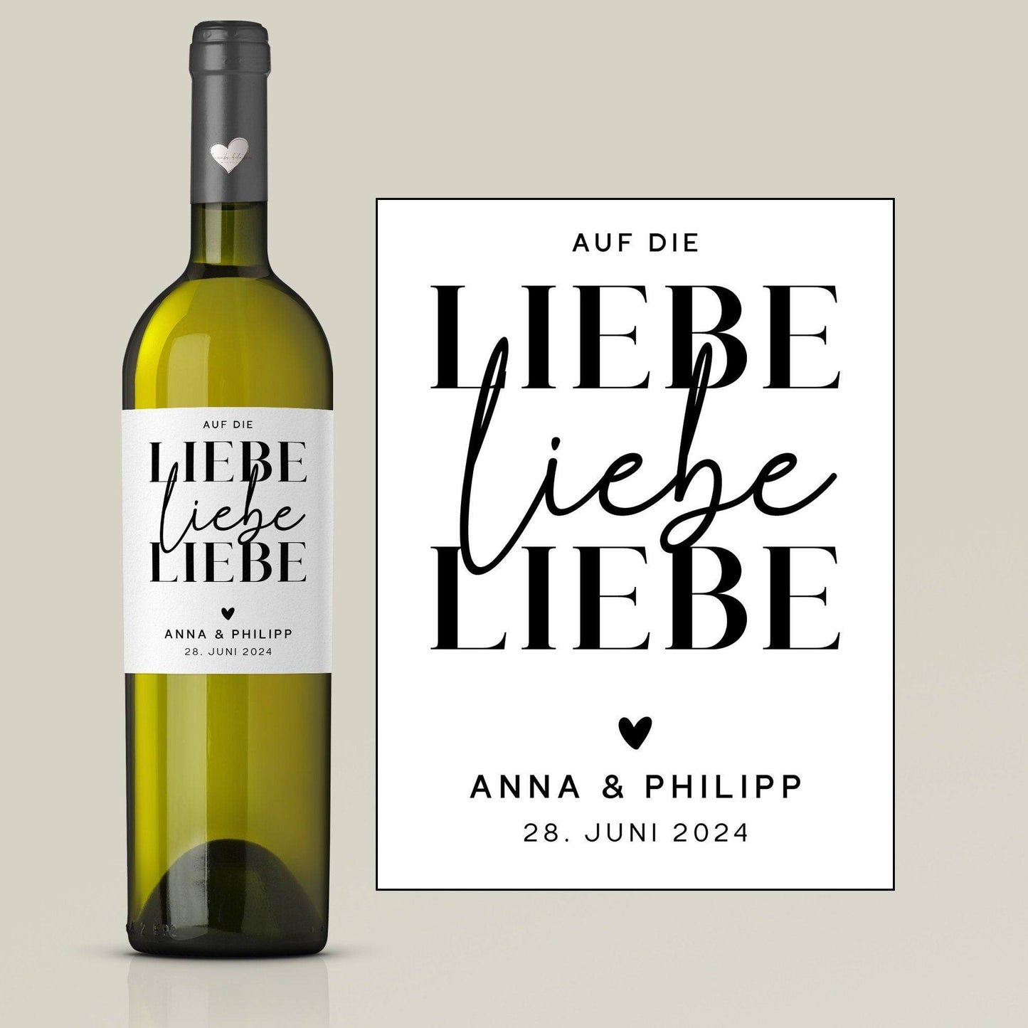 Weinlabel | Hochzeitsgeschenk | Auf die Liebe Liebe Liebe | Wein Flaschen Etikett | Personalisiert mit Namen und Datum | Geschenk Brautpaar kleinebuchstaben