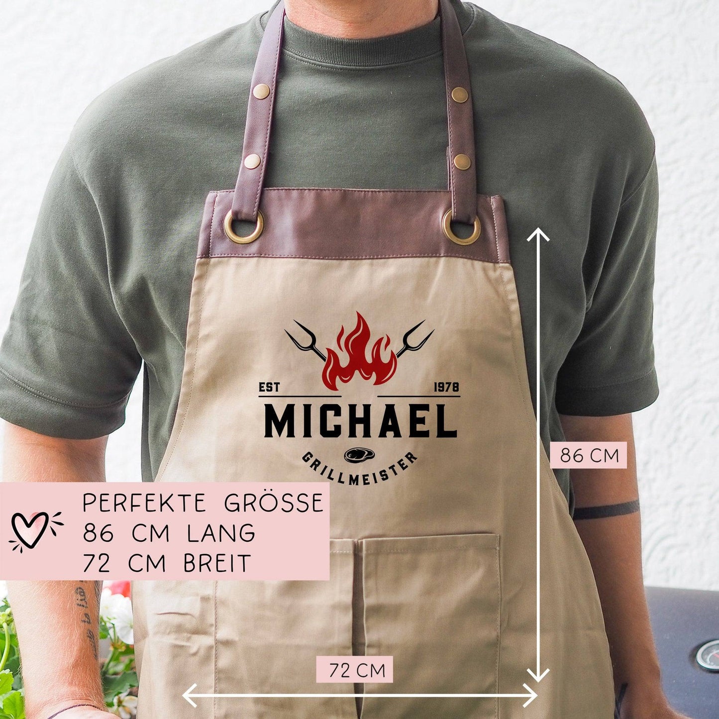 Personalisierte Premium Grillschürze Grillmeister Schürze mit Kunstleder Applikation | Kochschürze | Grillschürze mit Wunschnamen | Geschenk kleinebuchstaben