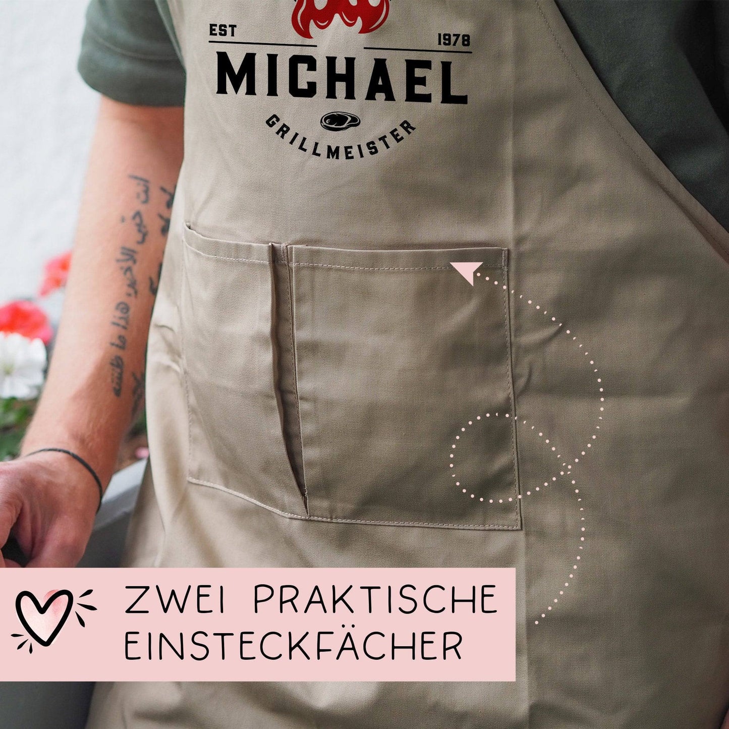 Personalisierte Premium Grillschürze Grillmeister Schürze mit Kunstleder Applikation | Kochschürze | Grillschürze mit Wunschnamen | Geschenk kleinebuchstaben