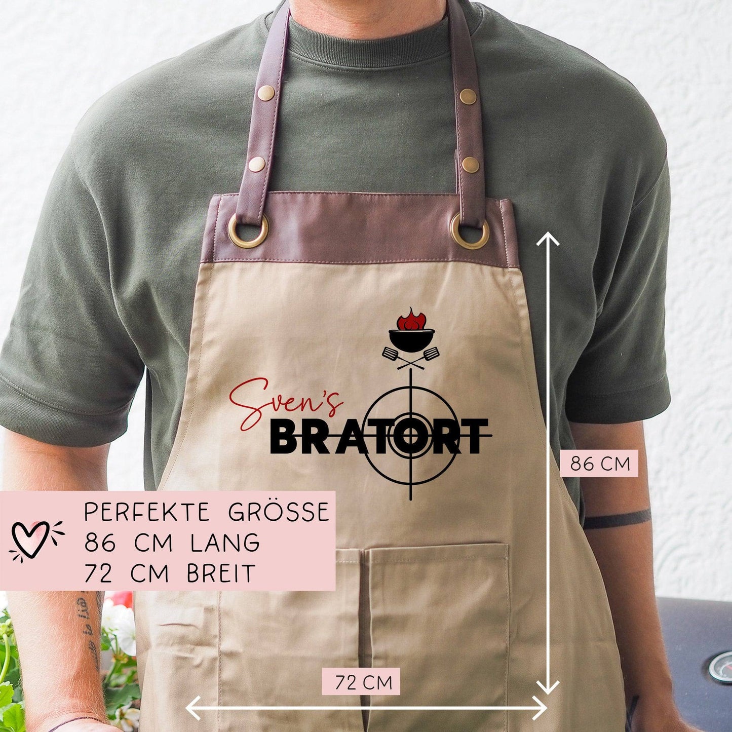 Personalisierte Premium Grillschürze Bratort Schürze mit Kunstleder Applikation | Kochschürze | Grillschürze mit Wunschnamen | Geschenkidee kleinebuchstaben