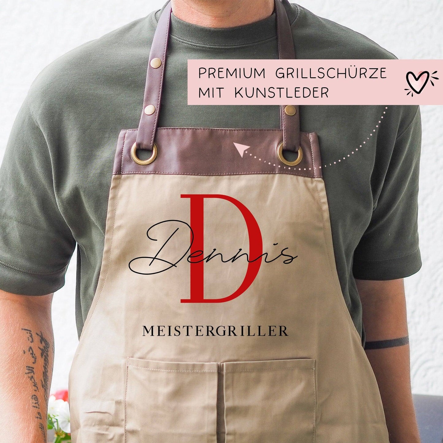 Premium Grillschürze personalisiert für Männer mit Kunstleder Applikation zum 60. Geburtstag -Baumwollschürze, Küchenschürze, Eigenen Namen kleinebuchstaben
