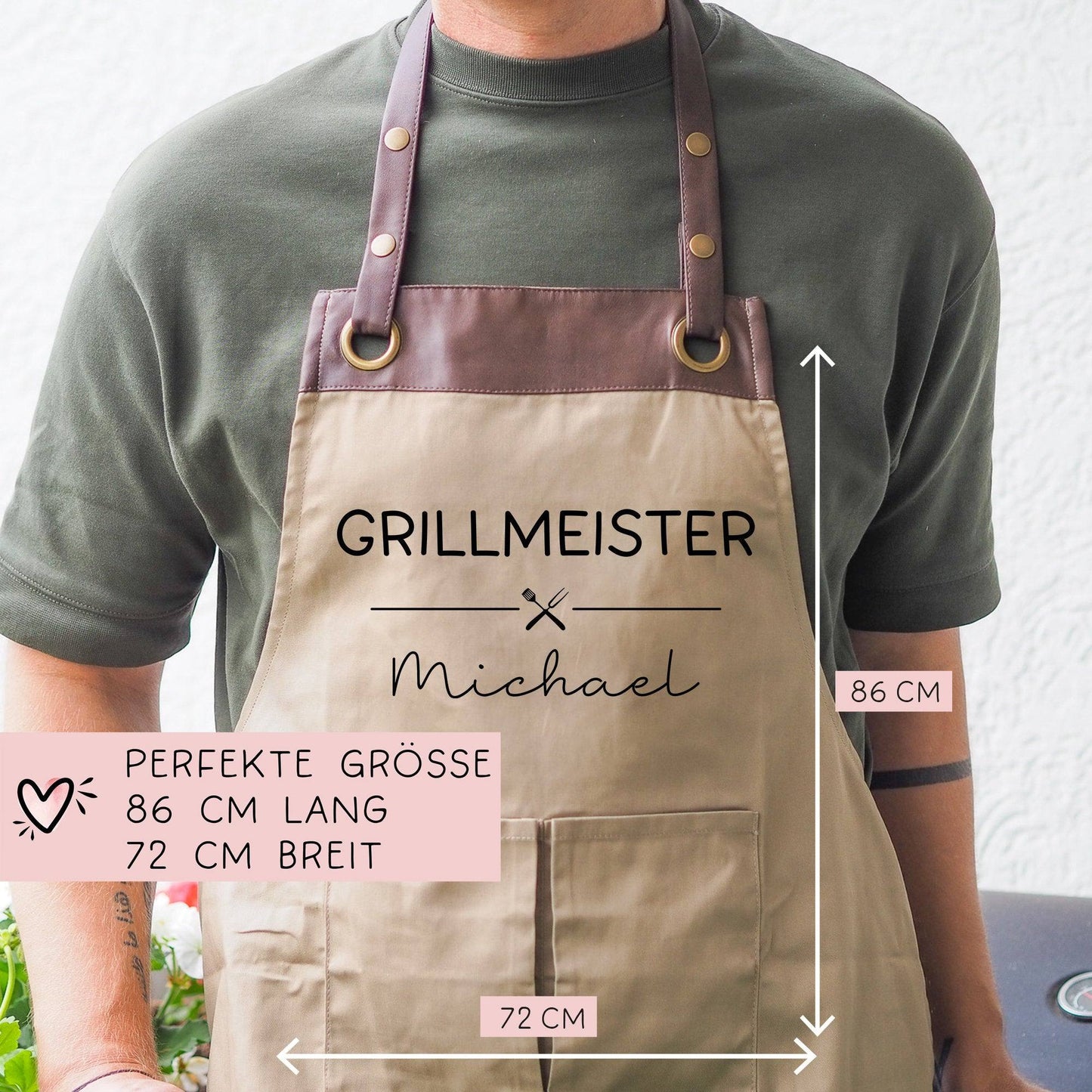Grillschürze Grillmeister personalisiert für Männer mit Kunstleder Applikation zum 60. Geburtstag -Baumwollschürze, Küchenschürze, Geschenk kleinebuchstaben