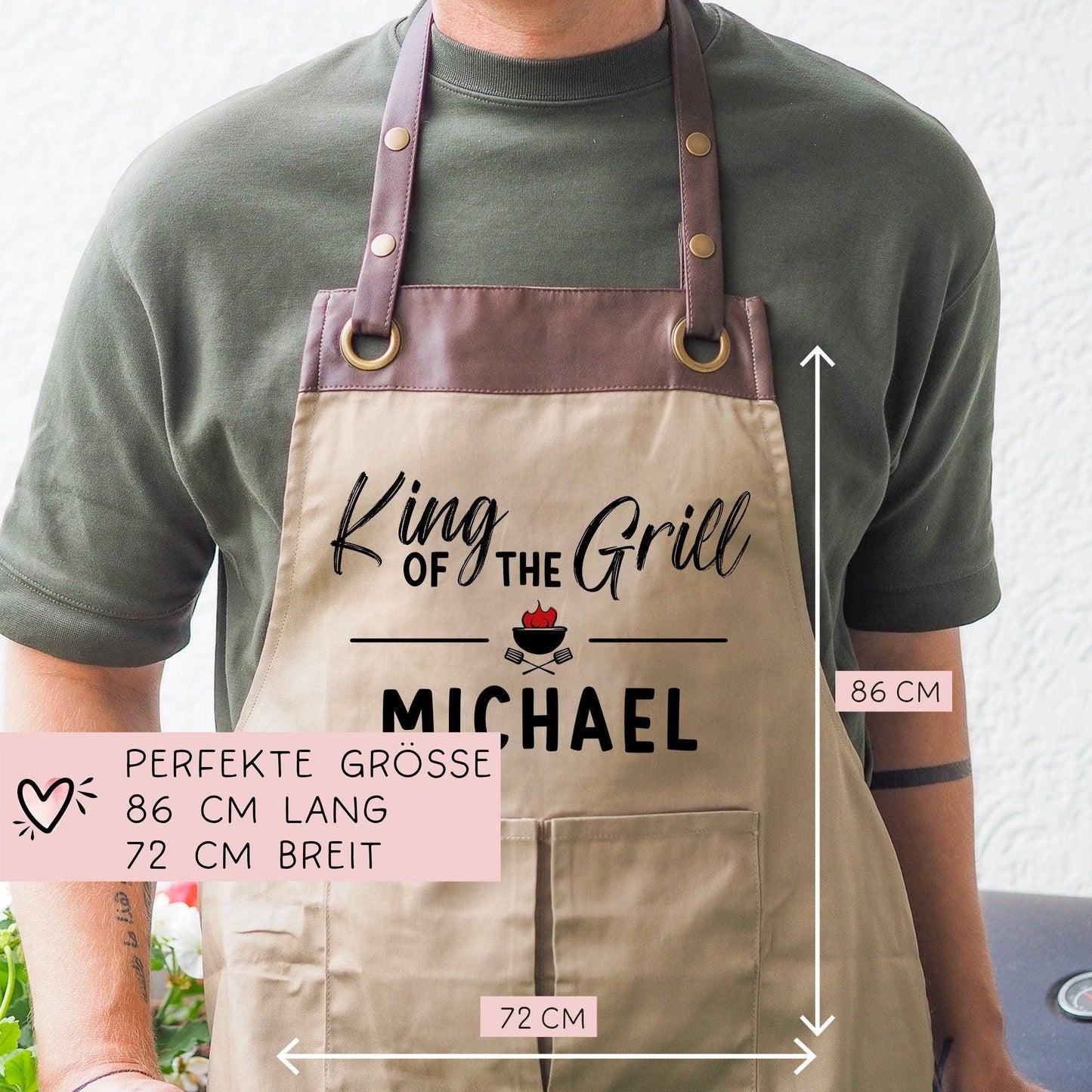 King of the Grill Grillschürze personalisiert für Männer mit Name & Kunstleder zum Geburtstag - Weihnachten Baumwollschürze, Küchenschürze kleinebuchstaben