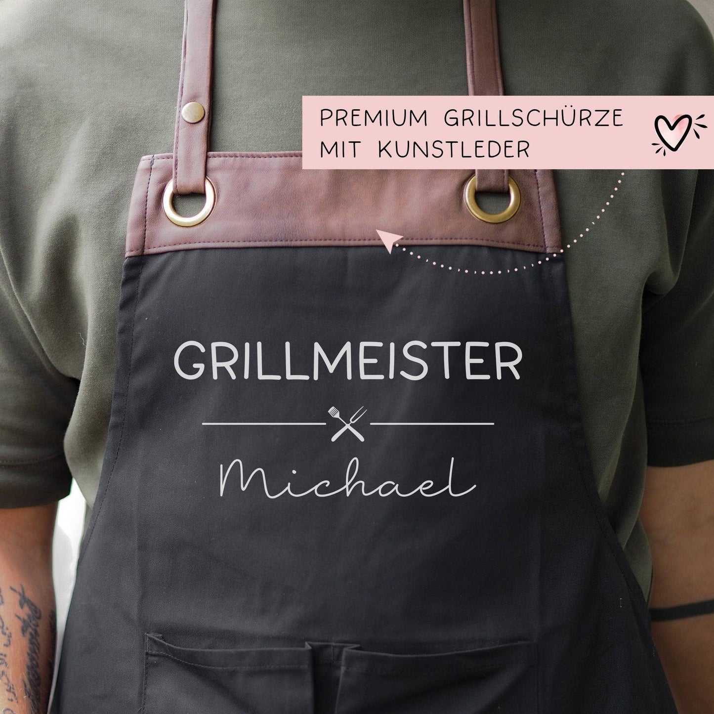Grillschürze Grillmeister personalisiert für Männer mit Kunstleder Applikation zum 60. Geburtstag -Baumwollschürze, Küchenschürze, Geschenk kleinebuchstaben