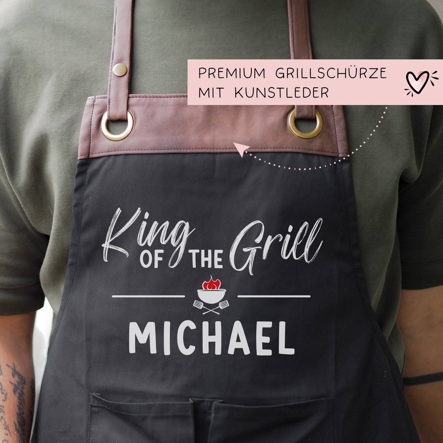 Grillschürze personalisiert King of the Grill für Männer mit Name & Kunstleder zum Geburtstag - Weihnachten Baumwollschürze, Küchenschürze kleinebuchstaben