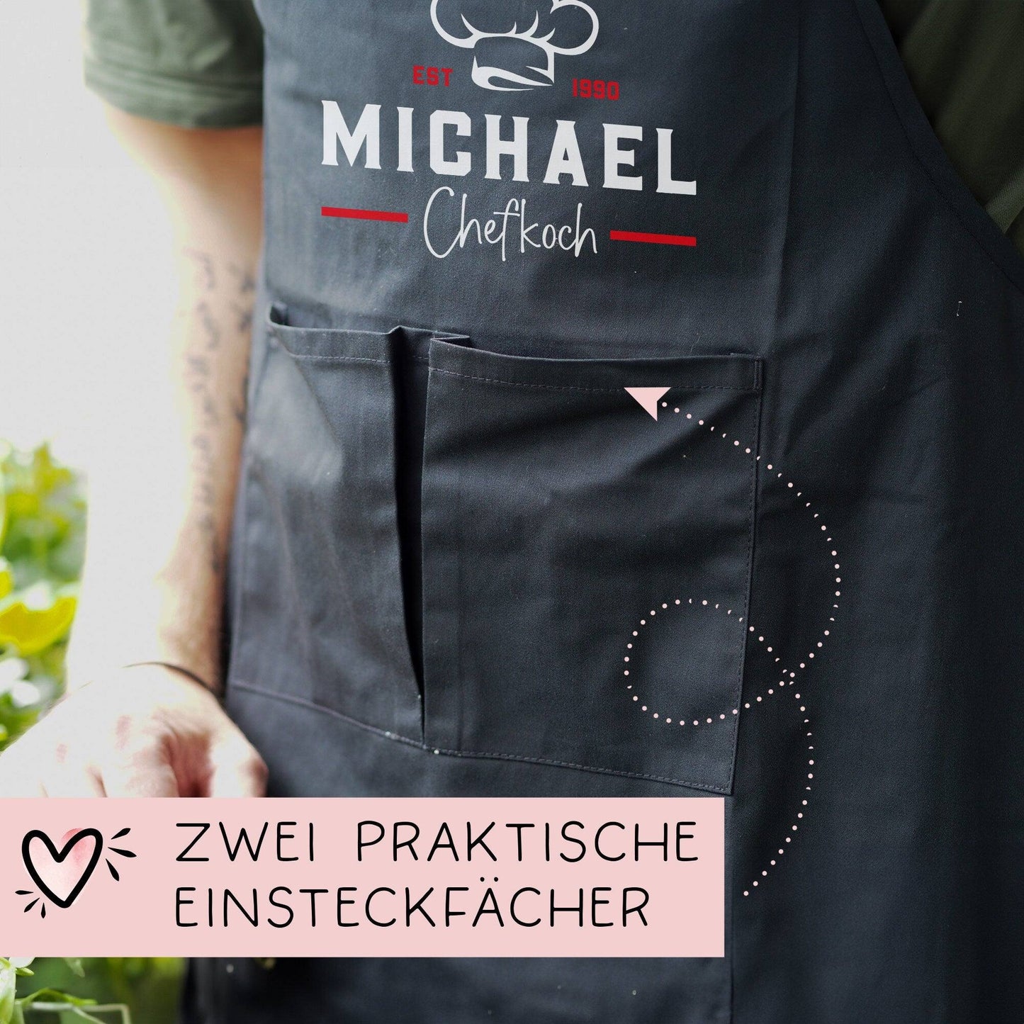 Grillschürze Chefkoch personalisiert für Männer mit Name Kunstleder Applikation zum Geburtstag - Weihnachten Baumwollschürze, Küchenschürze kleinebuchstaben