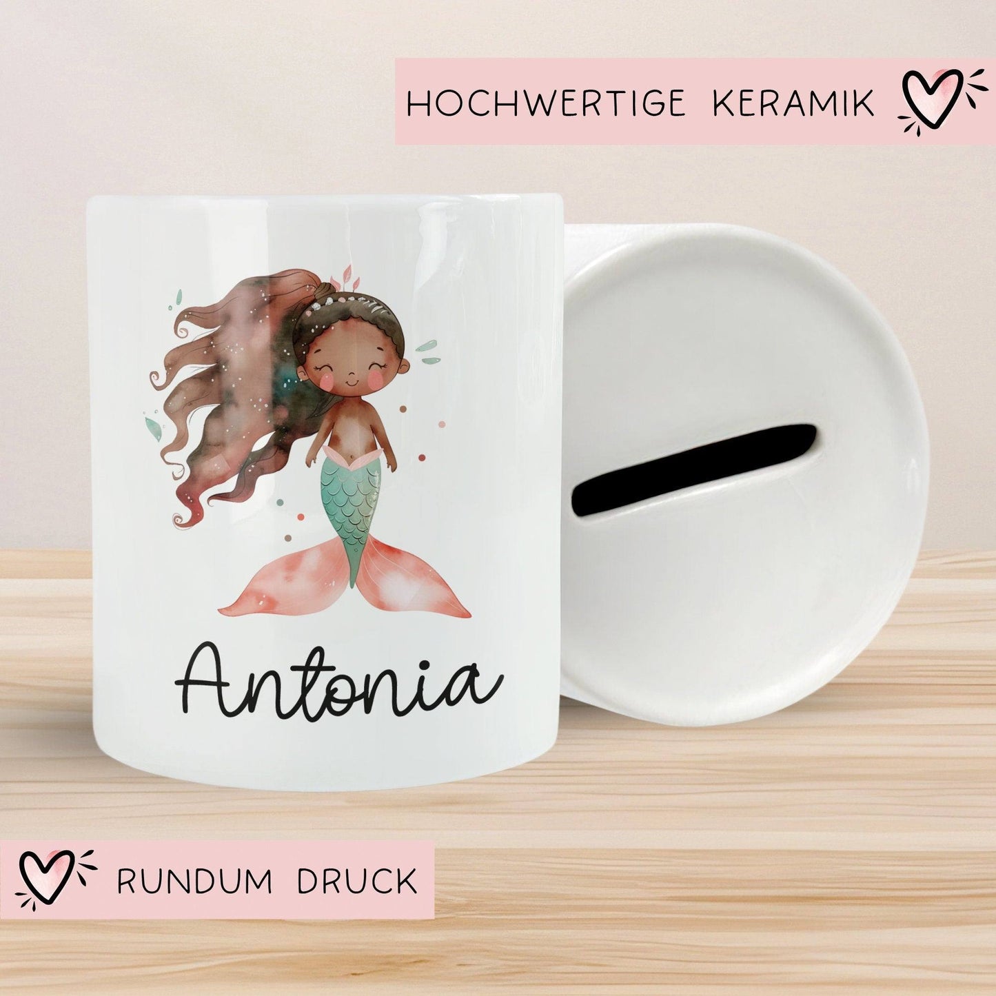 Spardose Meerjungfrau Personalisiert mit Name oder Wunschnamen für Mädchen aus Keramik. Geschenk Taufe, Geburtstag od. Weihnachten - 03 kleinebuchstaben
