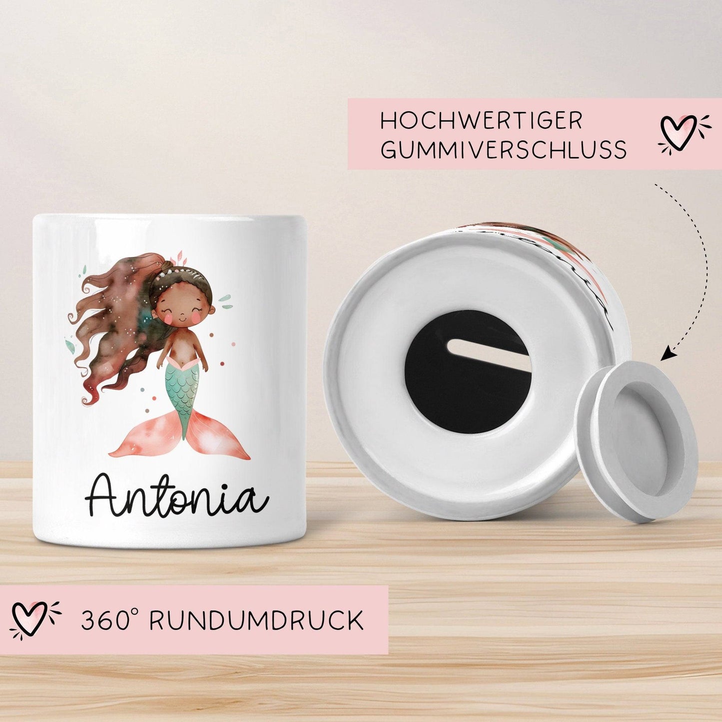 Spardose Meerjungfrau Personalisiert mit Name oder Wunschnamen für Mädchen aus Keramik. Geschenk Taufe, Geburtstag od. Weihnachten - 03 kleinebuchstaben
