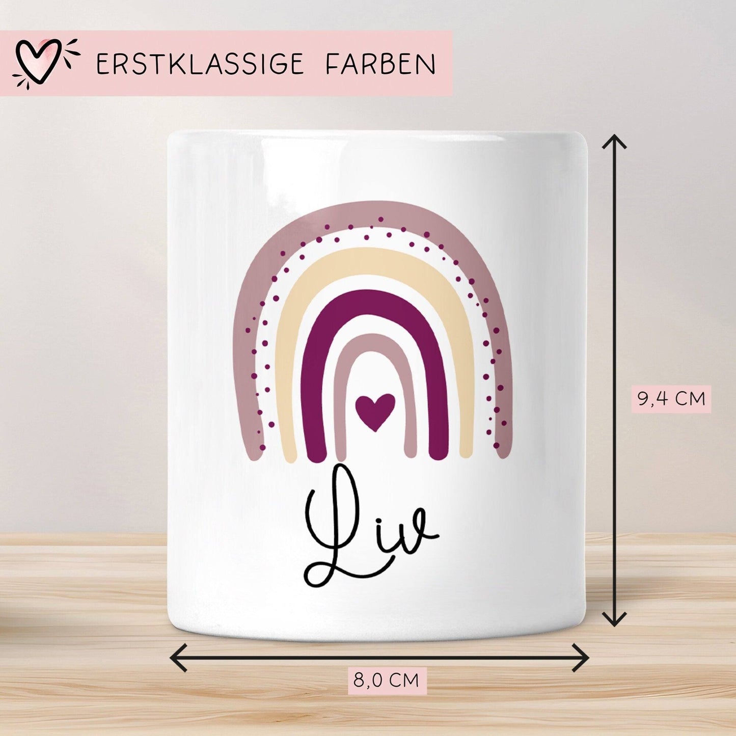 Personalisierte Spardose Regenbogen mit Namen und Datum - Rosa - Geschenk für Mädchen zum Geburtstag Weihnachten Firmung Geburt Einschulung kleinebuchstaben