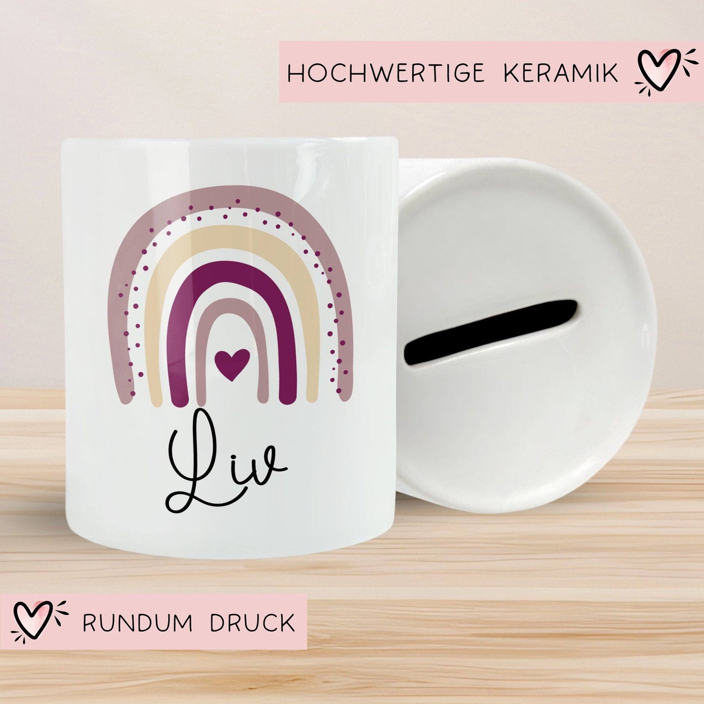 Personalisierte Spardose Regenbogen mit Namen und Datum - Rosa - Geschenk für Mädchen zum Geburtstag Weihnachten Firmung Geburt Einschulung kleinebuchstaben