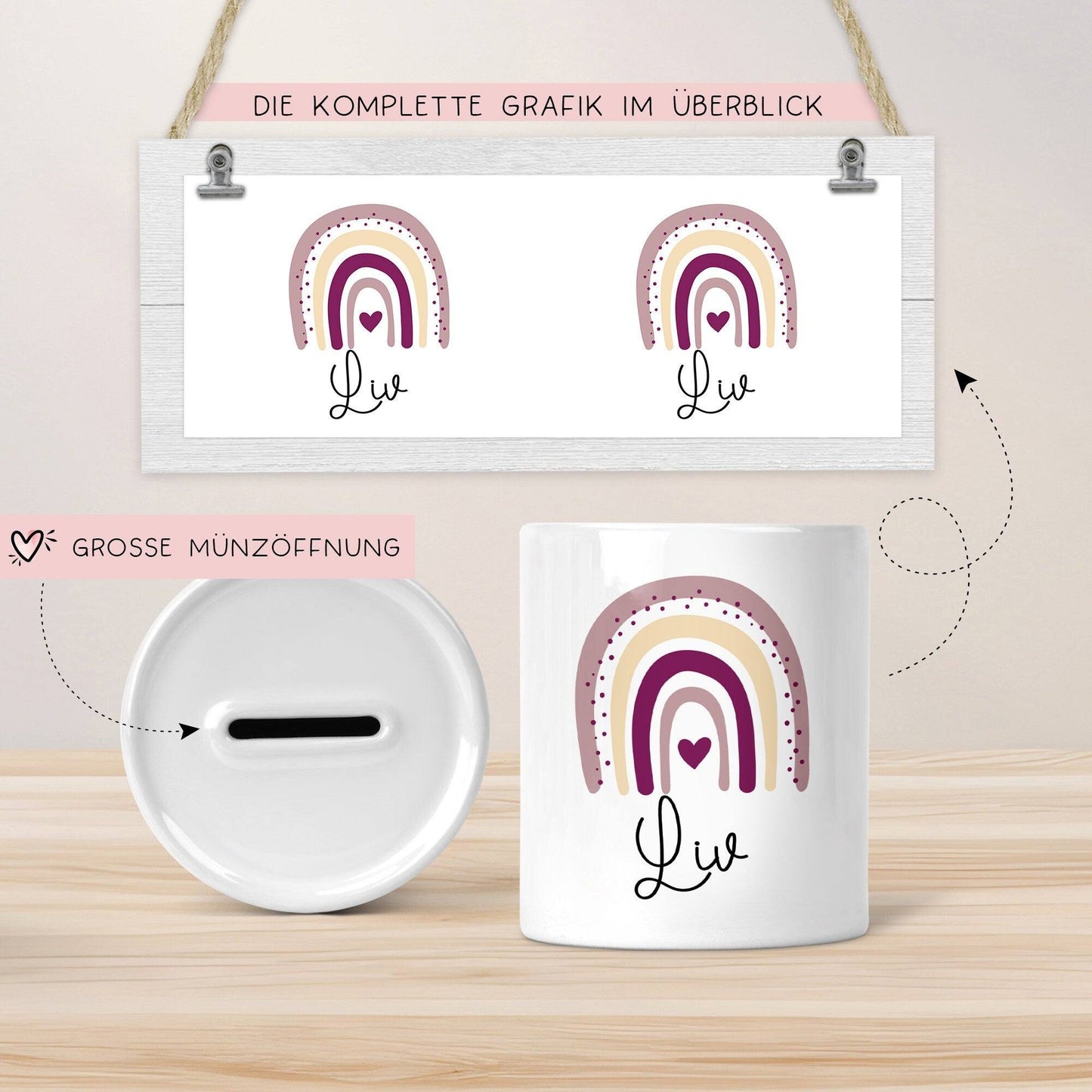 Personalisierte Spardose Regenbogen mit Namen und Datum - Rosa - Geschenk für Mädchen zum Geburtstag Weihnachten Firmung Geburt Einschulung kleinebuchstaben
