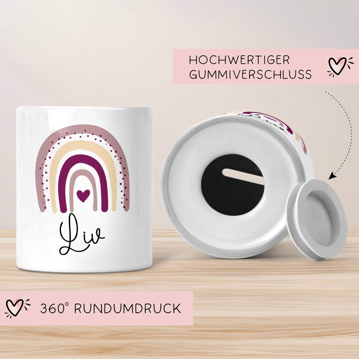 Personalisierte Spardose Regenbogen mit Namen und Datum - Rosa - Geschenk für Mädchen zum Geburtstag Weihnachten Firmung Geburt Einschulung kleinebuchstaben