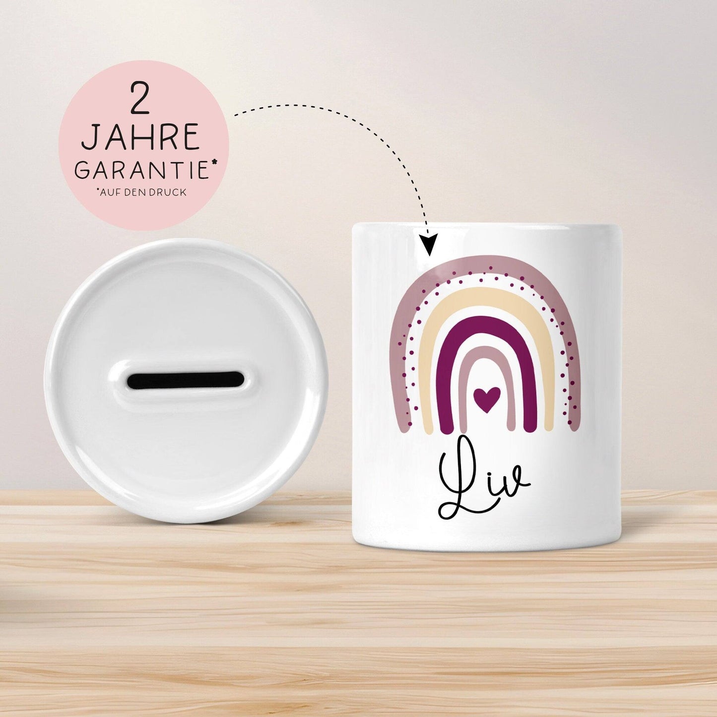 Personalisierte Spardose Regenbogen mit Namen und Datum - Rosa - Geschenk für Mädchen zum Geburtstag Weihnachten Firmung Geburt Einschulung kleinebuchstaben