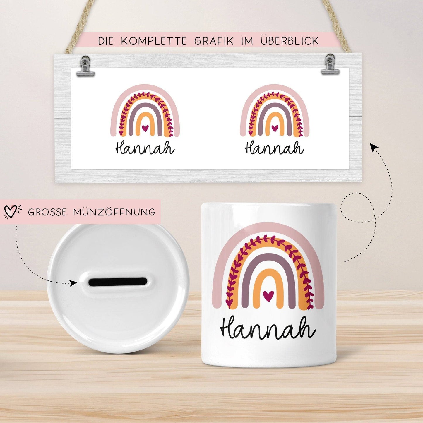 Personalisierte Spardose Regenbogen mit Namen und Datum - Rosa - Geschenk für Mädchen zum Geburtstag Weihnachten Firmung Geburt Einschulung kleinebuchstaben