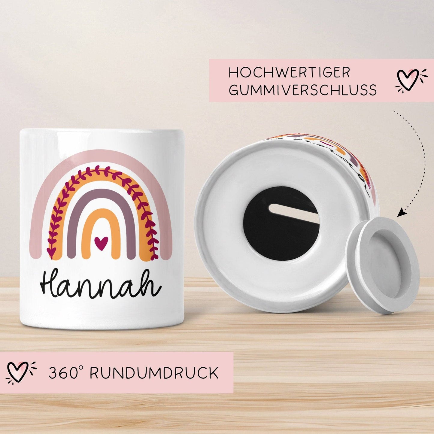 Personalisierte Spardose Regenbogen mit Namen und Datum - Rosa - Geschenk für Mädchen zum Geburtstag Weihnachten Firmung Geburt Einschulung kleinebuchstaben