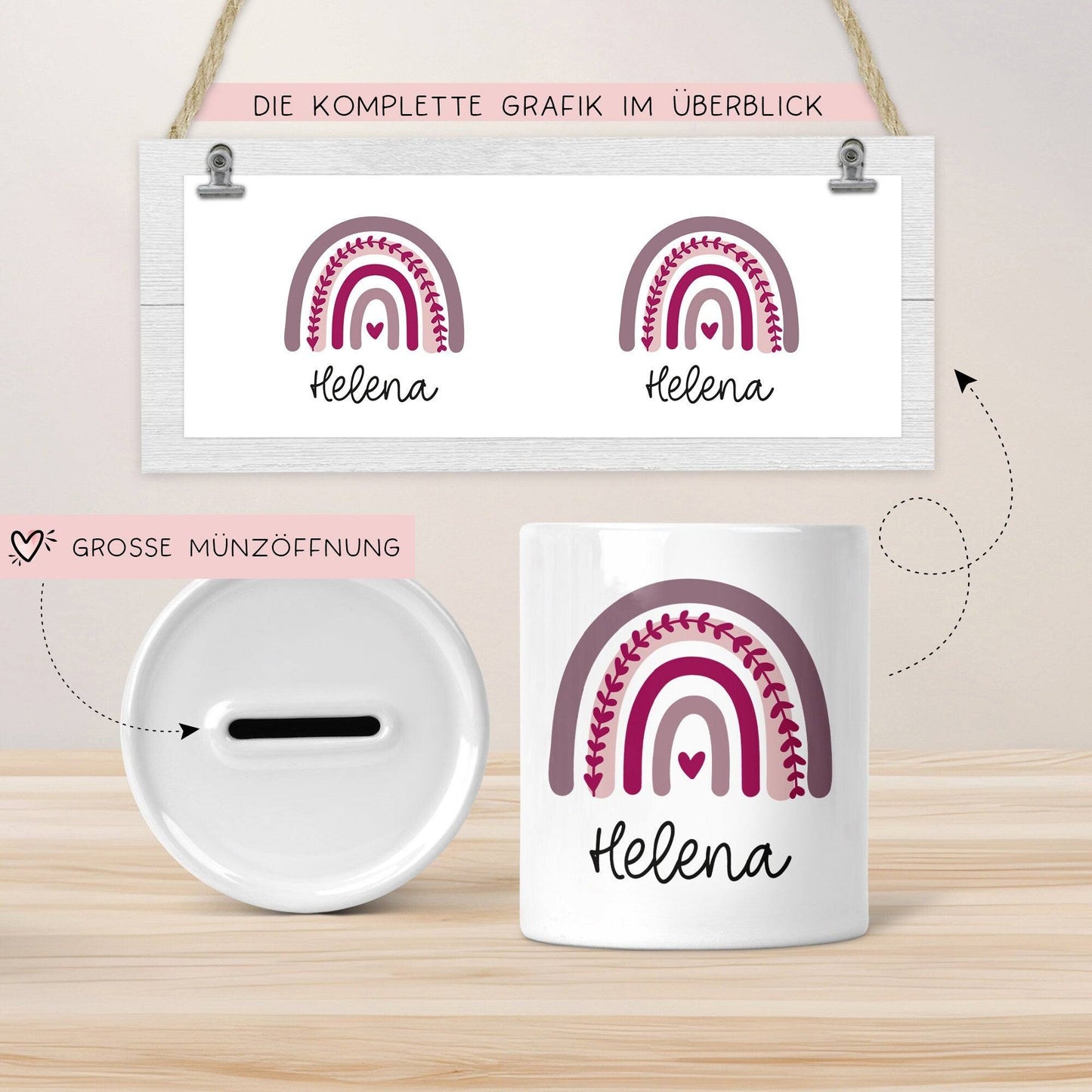 Personalisierte Spardose Regenbogen mit Namen und Datum - Lila - Geschenk für Mädchen zum Geburtstag Weihnachten Firmung Geburt Einschulung kleinebuchstaben