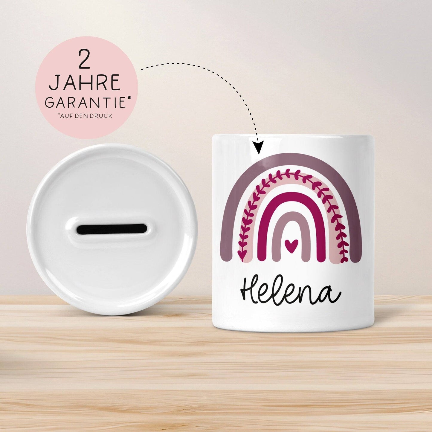 Personalisierte Spardose Regenbogen mit Namen und Datum - Lila - Geschenk für Mädchen zum Geburtstag Weihnachten Firmung Geburt Einschulung kleinebuchstaben
