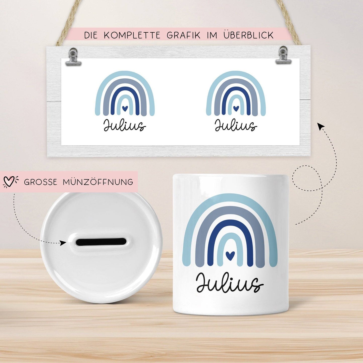 Personalisierte Spardose Regenbogen mit Namen und Datum - Blau - Geschenk für Junge zum Geburtstag Weihnachten Firmung Geburt Einschulung kleinebuchstaben