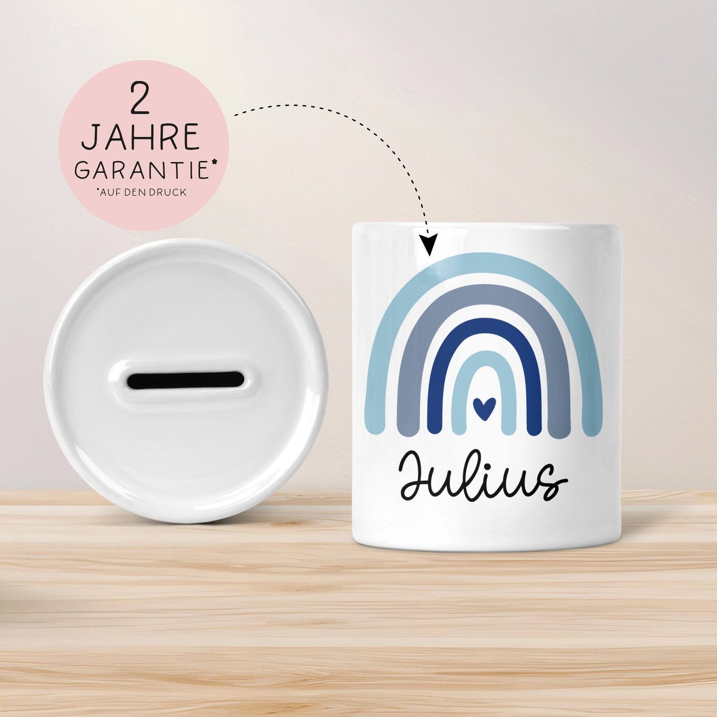 Personalisierte Spardose Regenbogen mit Namen und Datum - Blau - Geschenk für Junge zum Geburtstag Weihnachten Firmung Geburt Einschulung kleinebuchstaben
