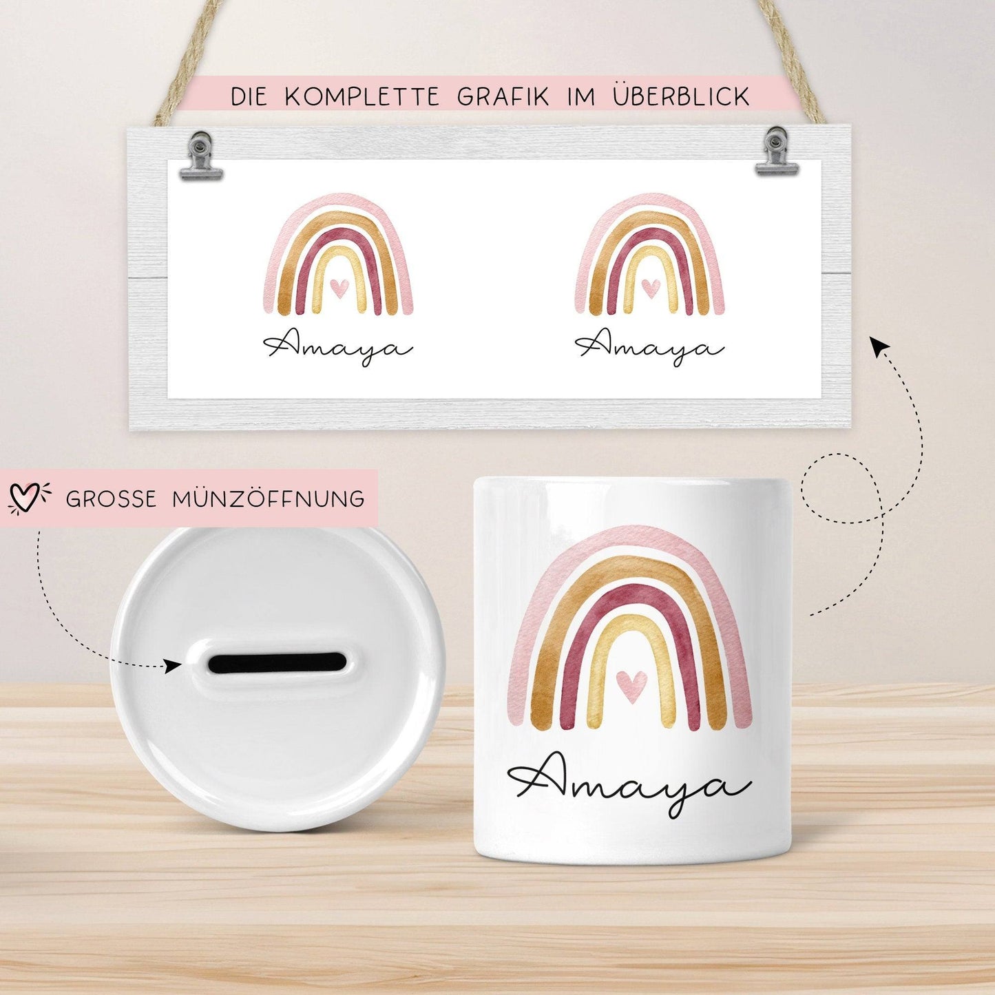 Personalisierte Kinder Spardose Regenbogen Aquarell mit Namen und Datum - Orange - Geschenk für Mädchen zum Geburtstag Weihnachten Firmung kleinebuchstaben
