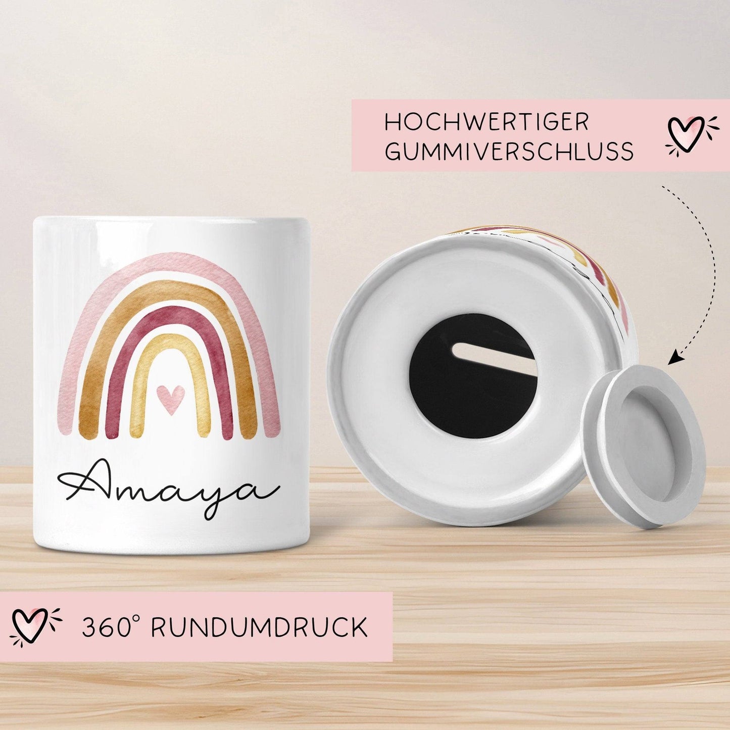 Personalisierte Kinder Spardose Regenbogen Aquarell mit Namen und Datum - Orange - Geschenk für Mädchen zum Geburtstag Weihnachten Firmung kleinebuchstaben