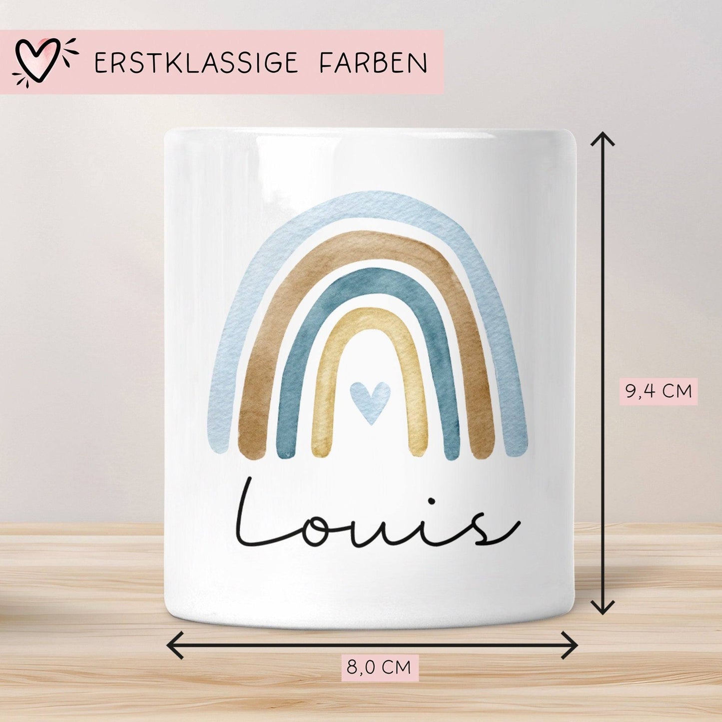 Personalisierte Kinder Spardose Regenbogen Aquarell mit Namen und Datum - Blau - Geschenk für Mädchen zum Geburtstag Weihnachten Firmung kleinebuchstaben