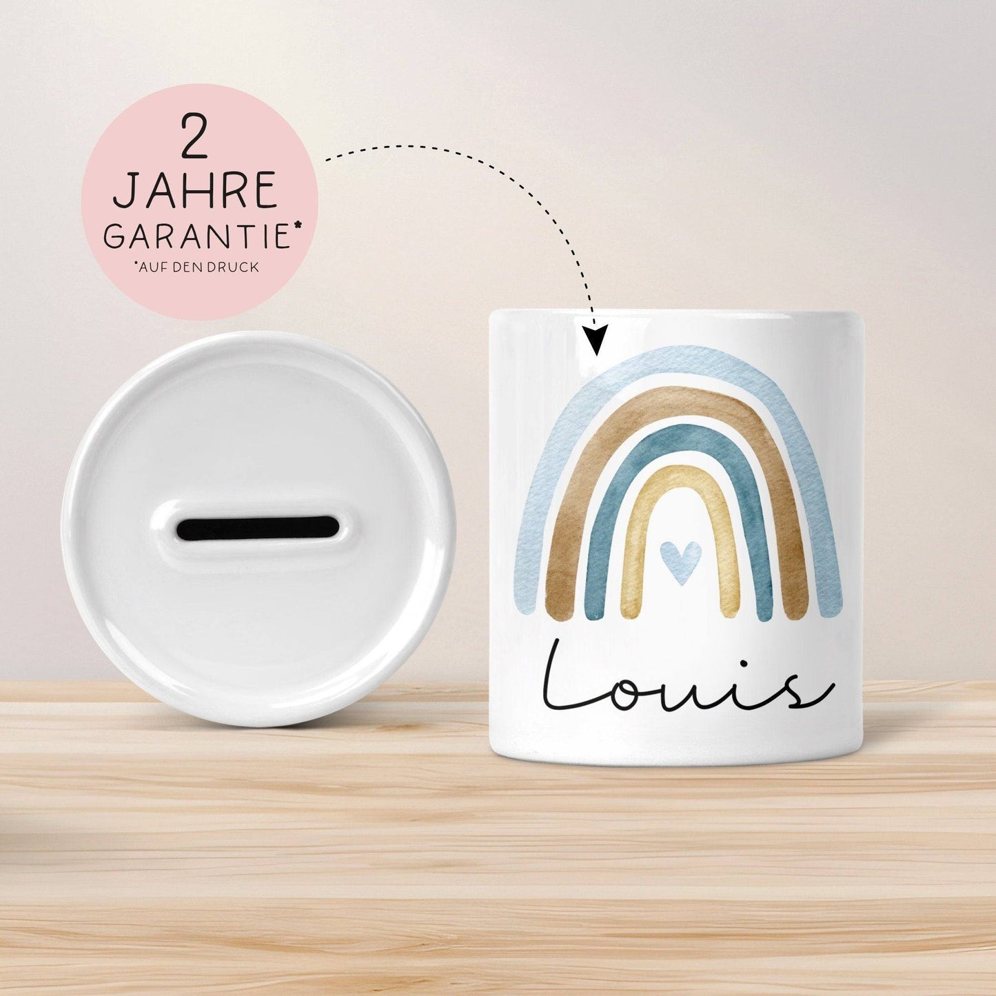 Personalisierte Kinder Spardose Regenbogen Aquarell mit Namen und Datum - Blau - Geschenk für Mädchen zum Geburtstag Weihnachten Firmung kleinebuchstaben