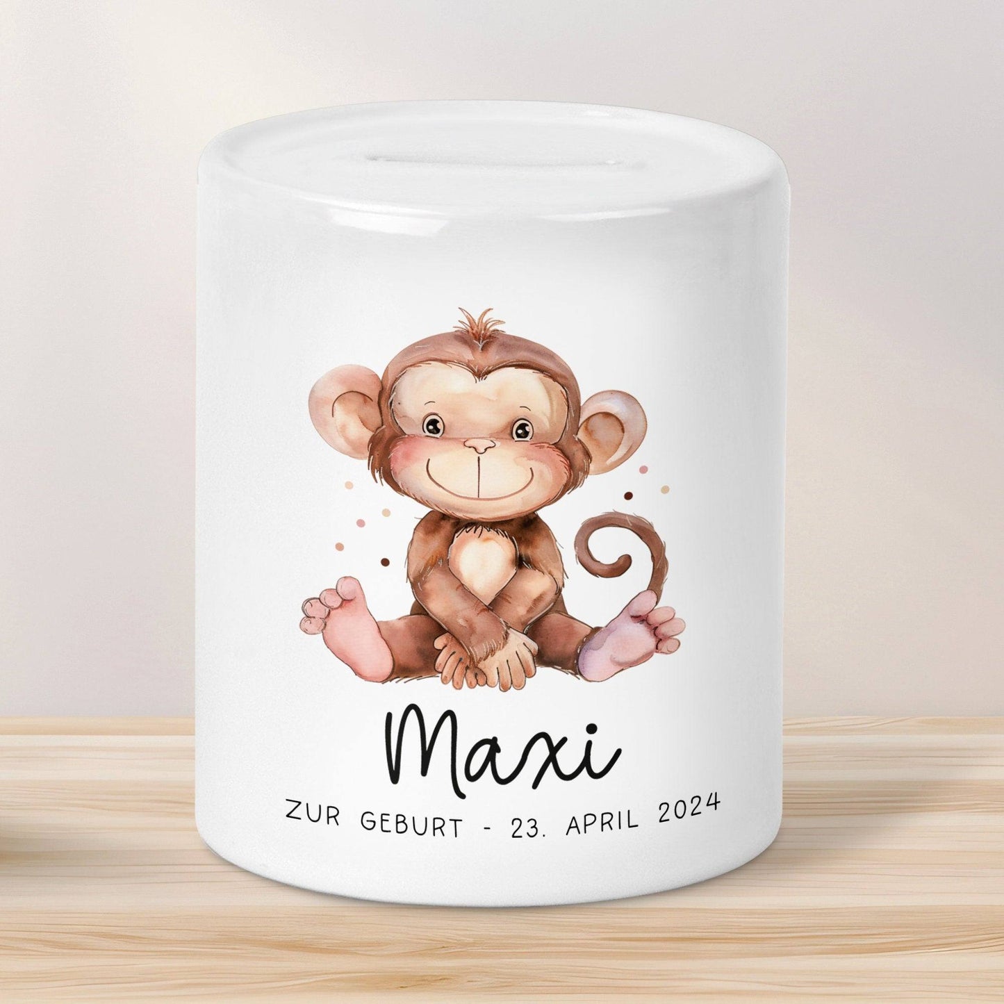 Personalisierte Kinder Spardose Affe Tier mit Namen optional Datum - Braun - Geschenk für Junge & Mädchen zum Geburtstag Weihnachten Firmung kleinebuchstaben