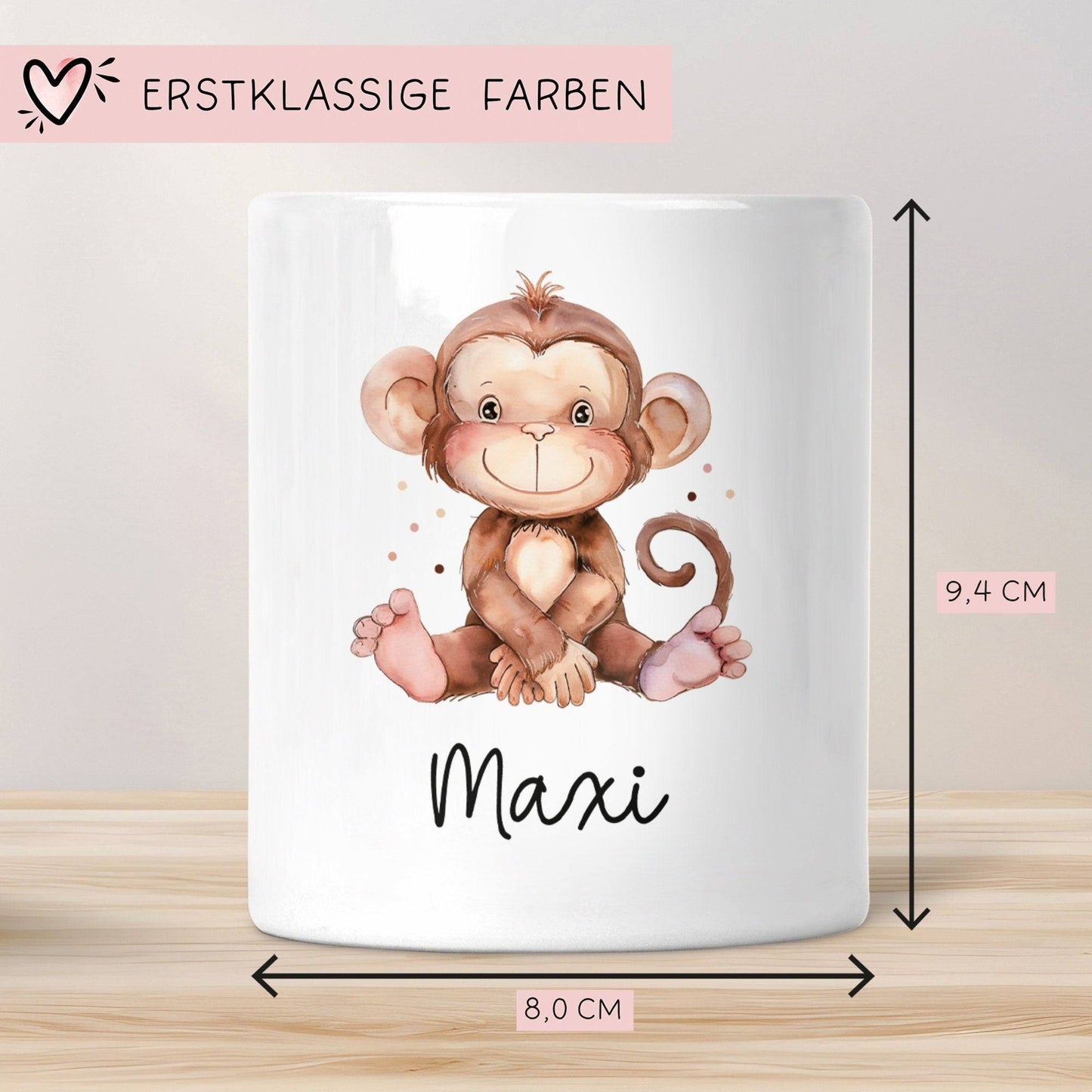 Personalisierte Kinder Spardose Affe Tier mit Namen optional Datum - Braun - Geschenk für Junge & Mädchen zum Geburtstag Weihnachten Firmung kleinebuchstaben