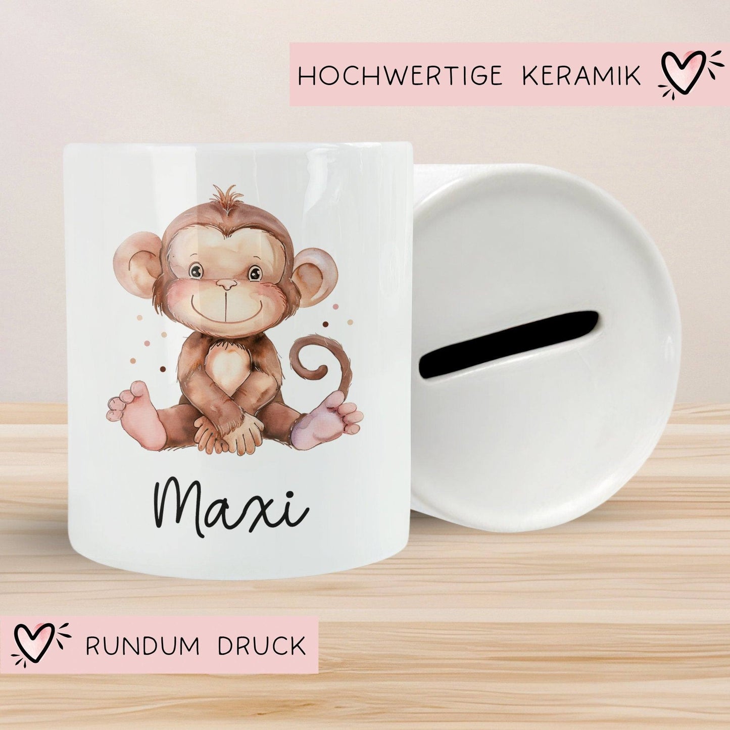 Personalisierte Kinder Spardose Affe Tier mit Namen optional Datum - Braun - Geschenk für Junge & Mädchen zum Geburtstag Weihnachten Firmung kleinebuchstaben