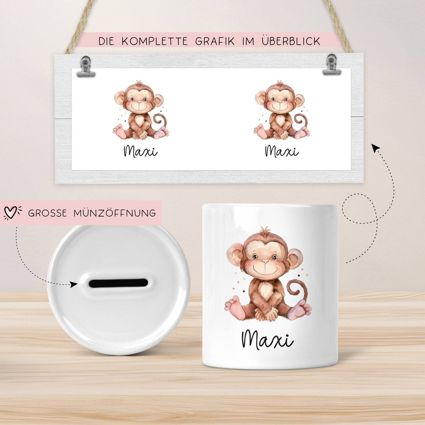 Personalisierte Kinder Spardose Affe Tier mit Namen optional Datum - Braun - Geschenk für Junge & Mädchen zum Geburtstag Weihnachten Firmung kleinebuchstaben