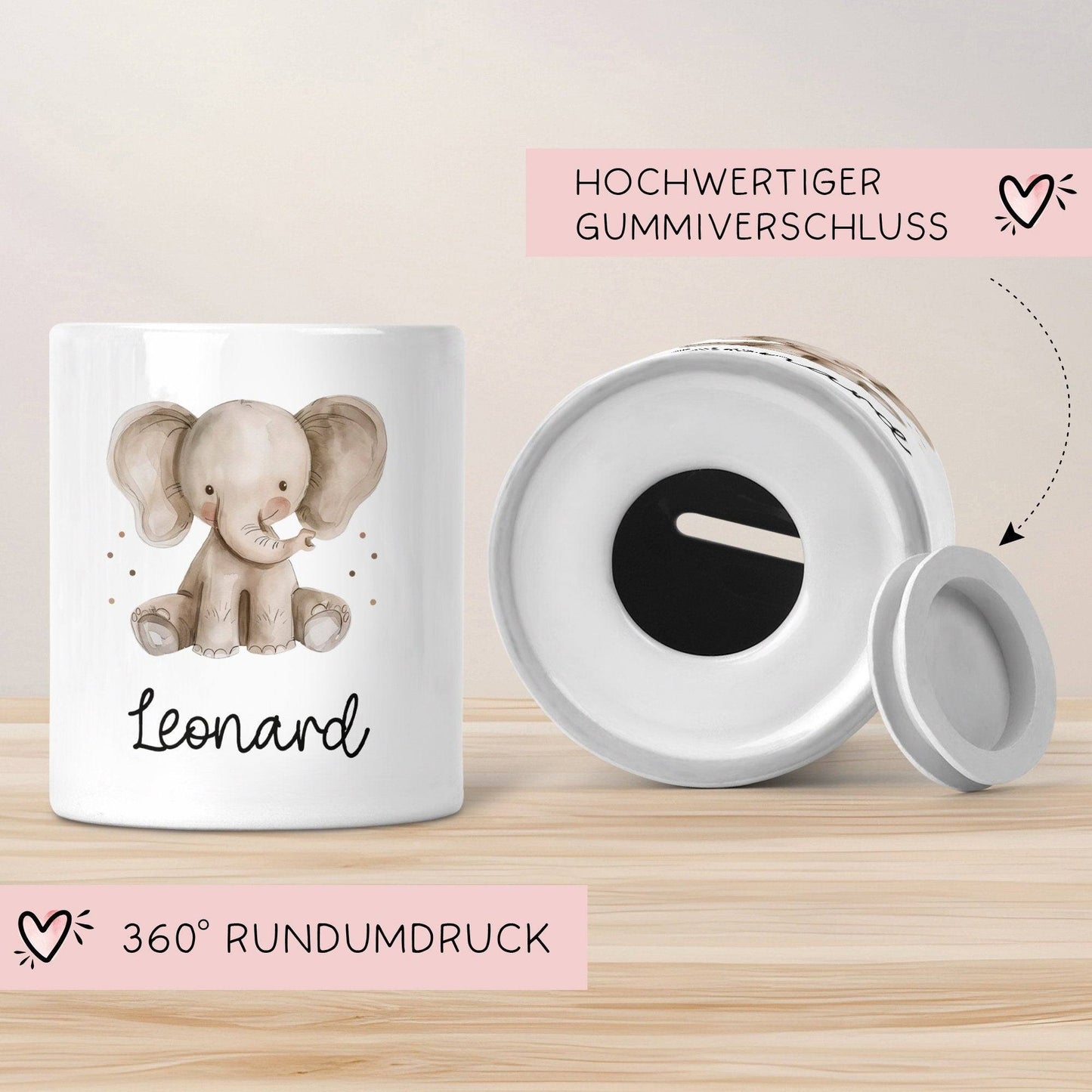 Spardose mit Namen Elefant Tier Personalisiert optional mit Datum - Grau - Geschenk für Junge & Mädchen zum Geburtstag Weihnachten Firmung kleinebuchstaben