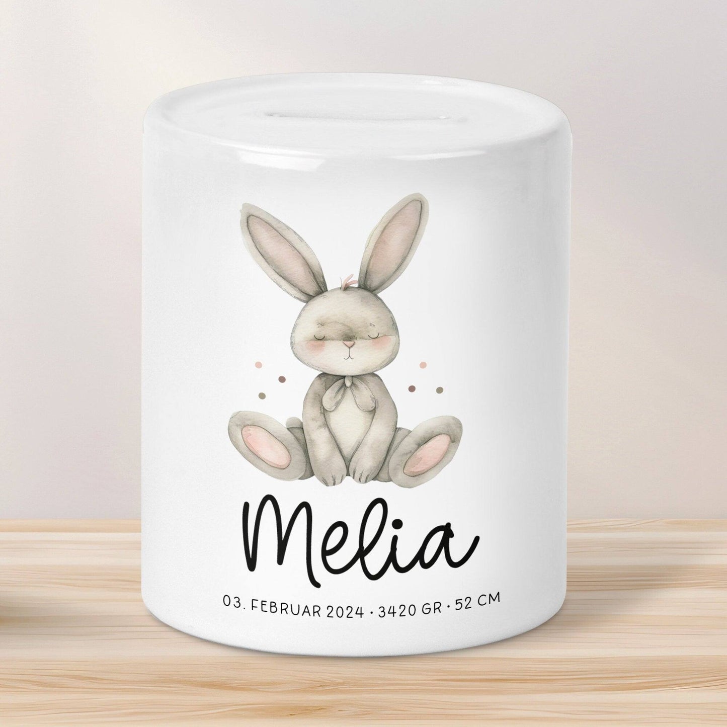 Personalisierte Kinder Spardose Hase Tier mit Namen optional mit Datum - Braun - Geschenk für Junge & Mädchen zum Geburtstag Weihnachten kleinebuchstaben
