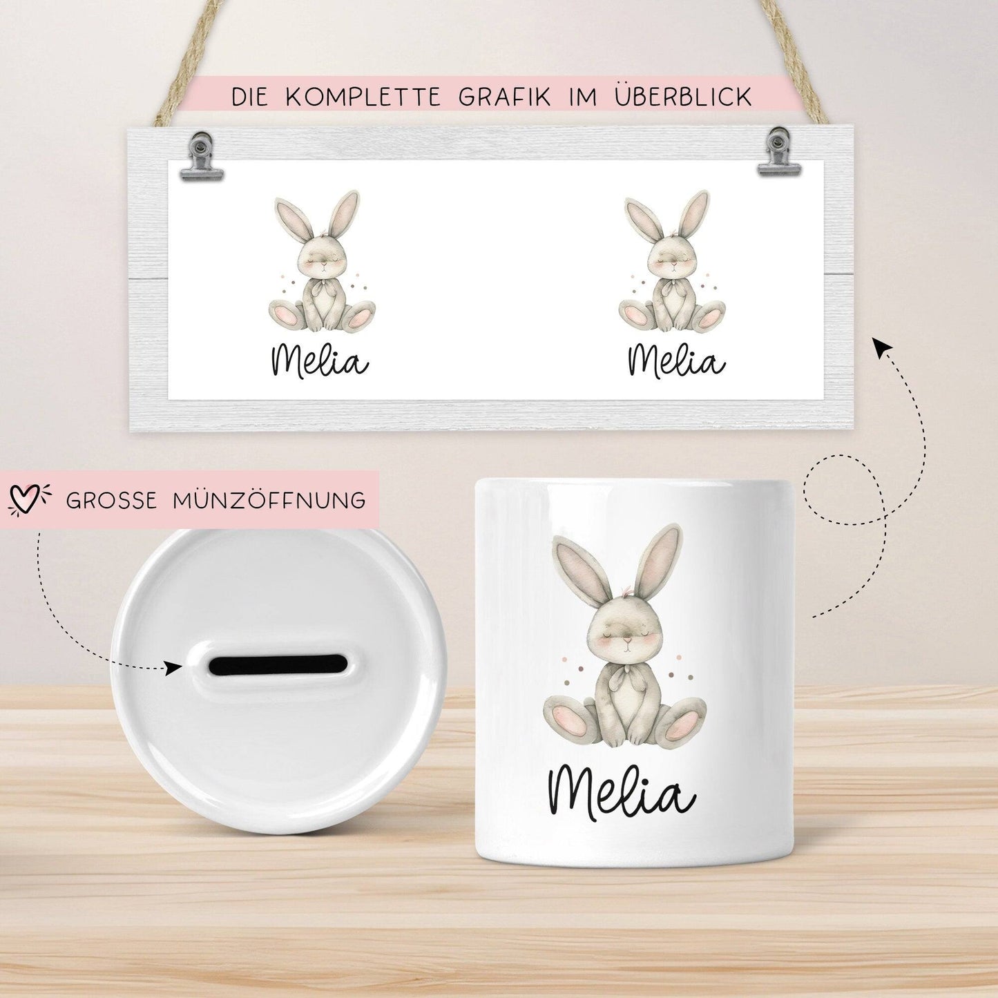 Personalisierte Kinder Spardose Hase Tier mit Namen optional mit Datum - Braun - Geschenk für Junge & Mädchen zum Geburtstag Weihnachten kleinebuchstaben