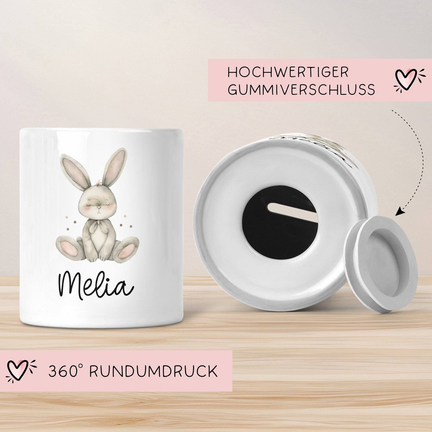 Personalisierte Kinder Spardose Hase Tier mit Namen optional mit Datum - Braun - Geschenk für Junge & Mädchen zum Geburtstag Weihnachten kleinebuchstaben