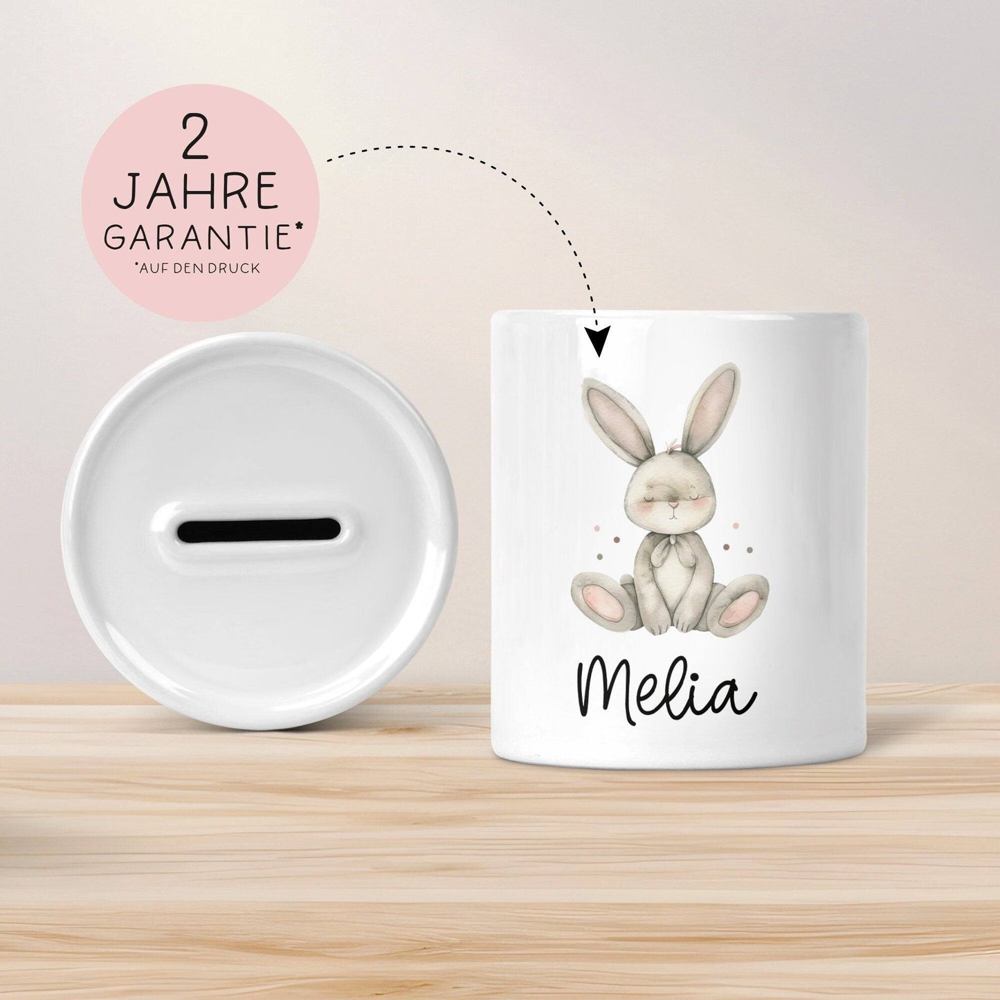 Personalisierte Kinder Spardose Hase Tier mit Namen optional mit Datum - Braun - Geschenk für Junge & Mädchen zum Geburtstag Weihnachten kleinebuchstaben