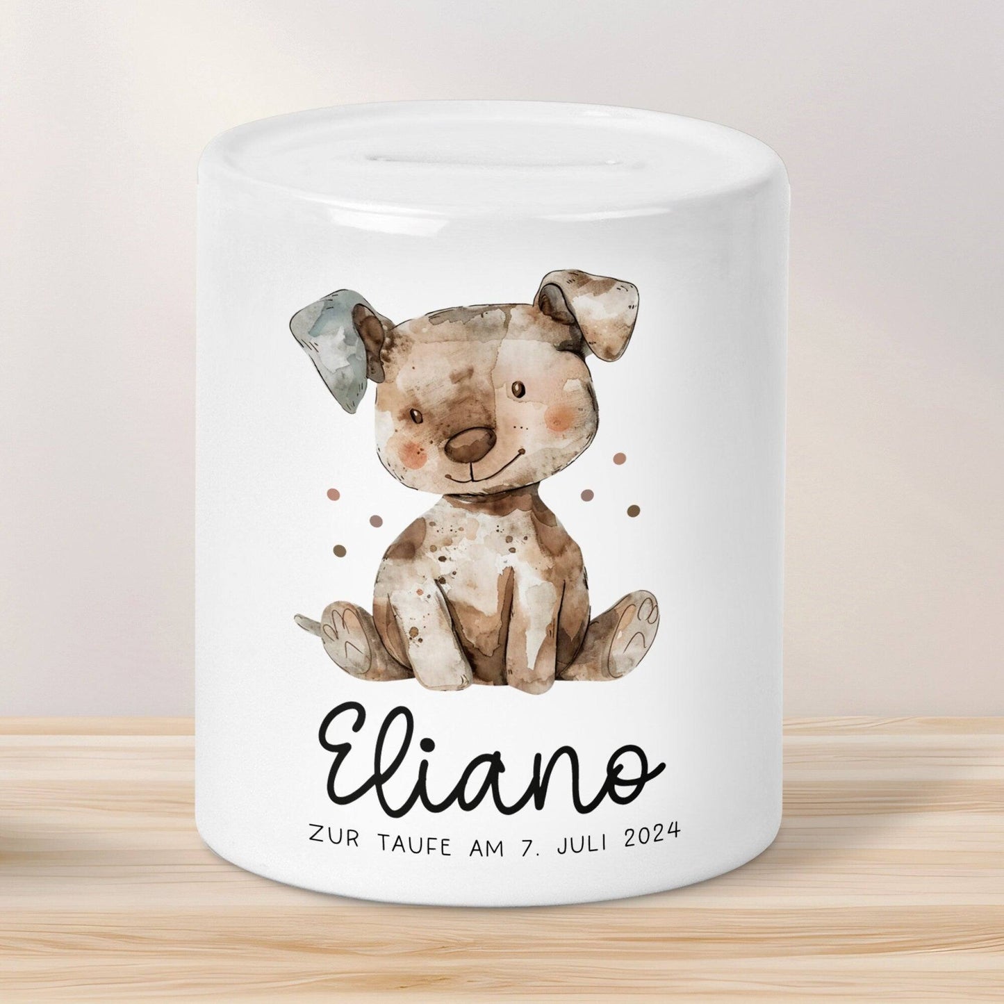 Personalisierte Kinder Spardose Hund Tier mit Namen optional mit Datum - Braun - Geschenk für Junge & Mädchen zum Geburtstag Weihnachten kleinebuchstaben