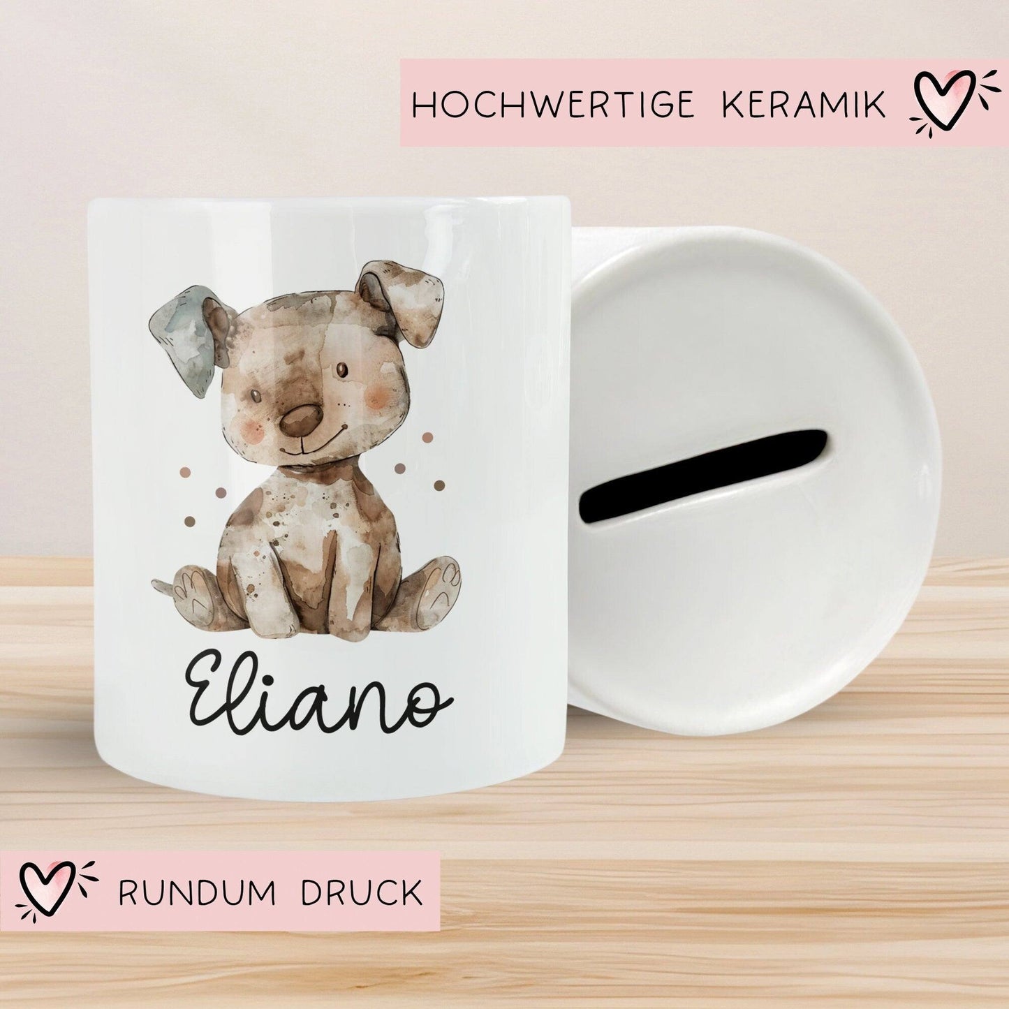 Personalisierte Kinder Spardose Hund Tier mit Namen optional mit Datum - Braun - Geschenk für Junge & Mädchen zum Geburtstag Weihnachten kleinebuchstaben