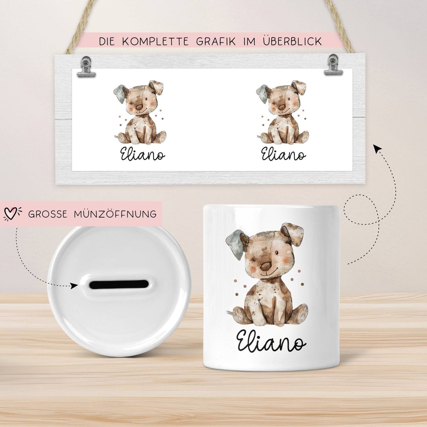 Personalisierte Kinder Spardose Hund Tier mit Namen optional mit Datum - Braun - Geschenk für Junge & Mädchen zum Geburtstag Weihnachten kleinebuchstaben