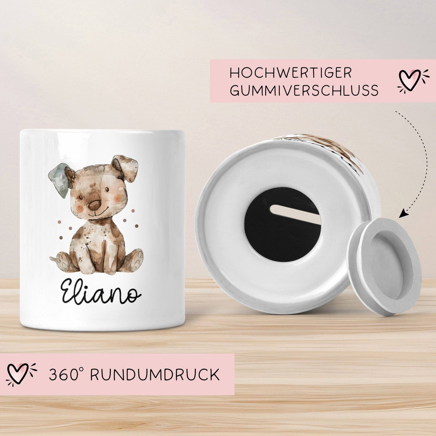 Personalisierte Kinder Spardose Hund Tier mit Namen optional mit Datum - Braun - Geschenk für Junge & Mädchen zum Geburtstag Weihnachten kleinebuchstaben