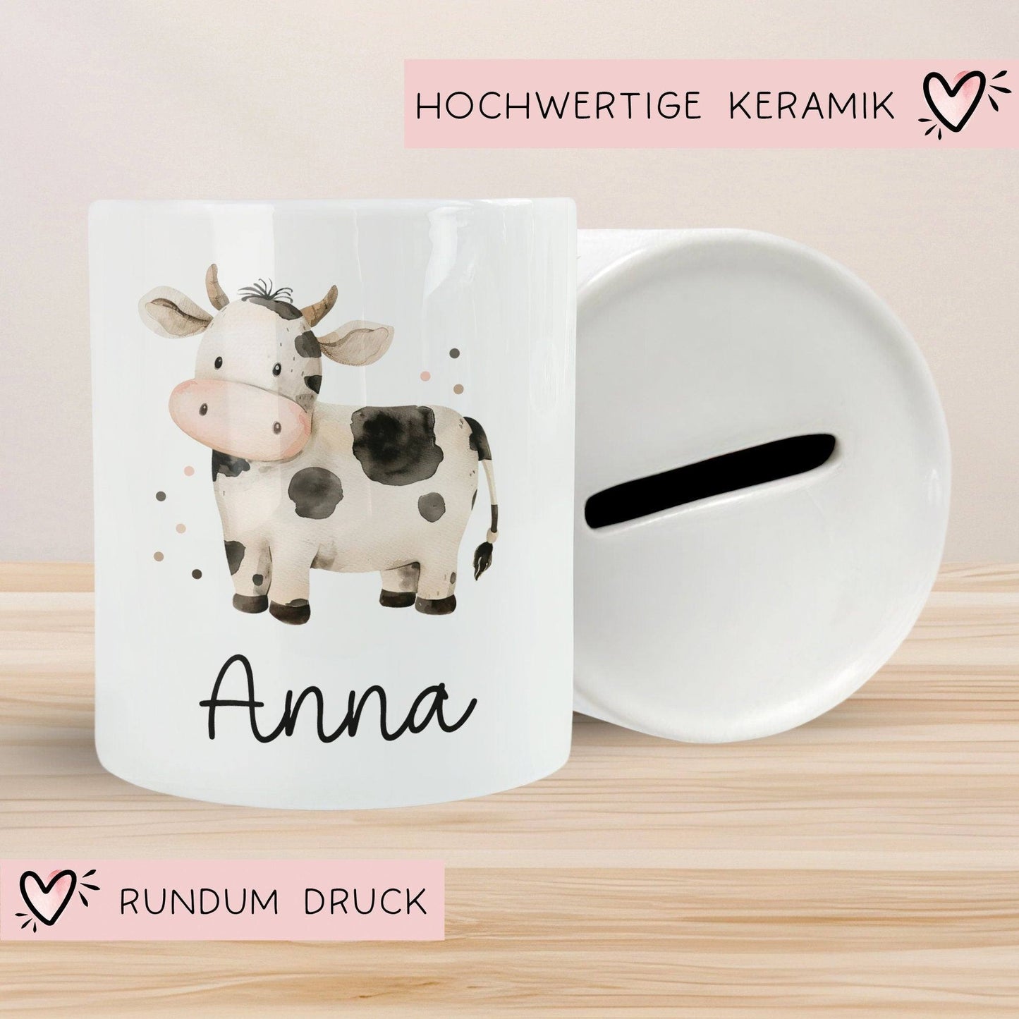 Spardose mit Namen Kuh Tier Personalisiert optional mit Datum - Schwarz Weiß - Geschenk für Junge & Mädchen zum Geburtstag Weihnachten kleinebuchstaben