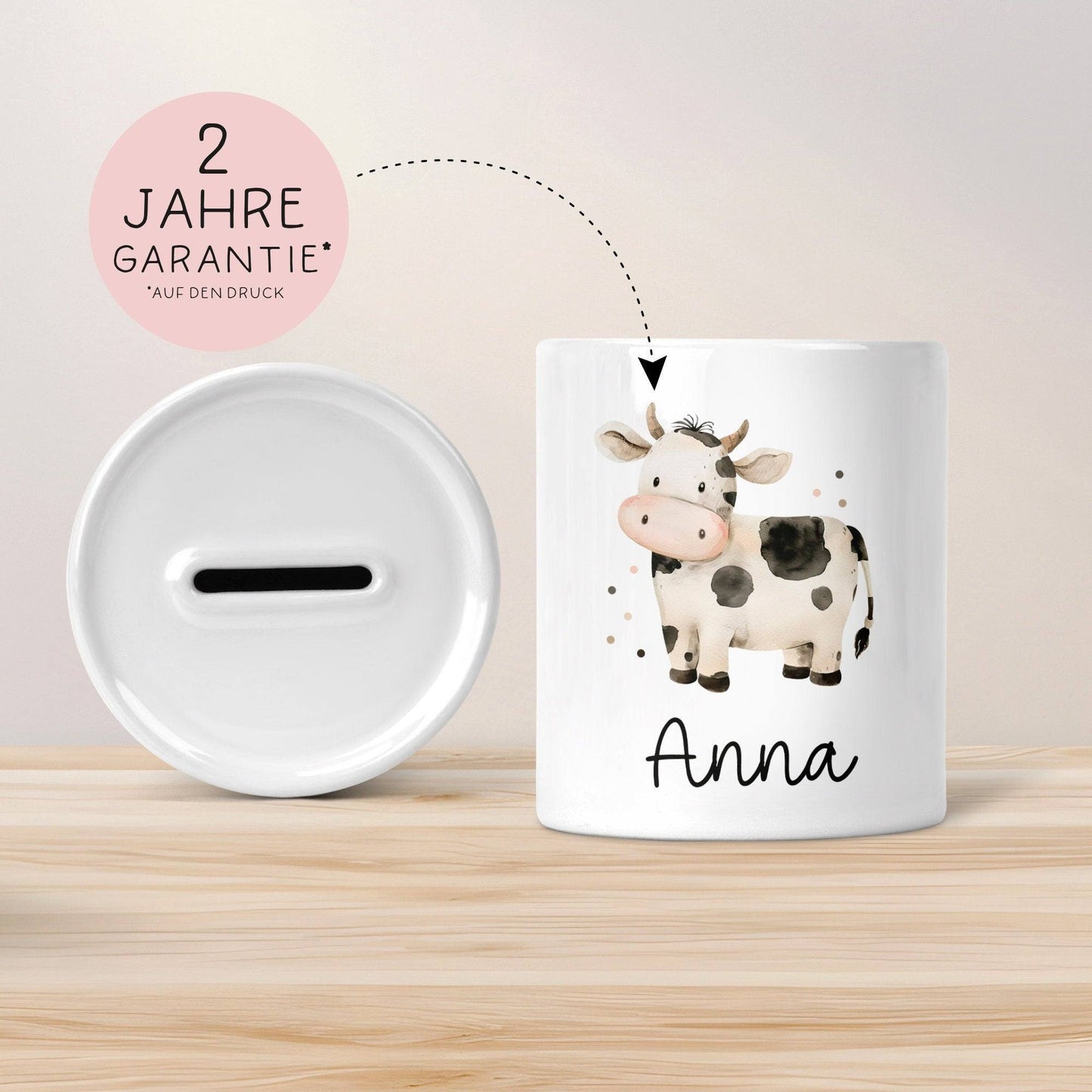 Spardose mit Namen Kuh Tier Personalisiert optional mit Datum - Schwarz Weiß - Geschenk für Junge & Mädchen zum Geburtstag Weihnachten kleinebuchstaben