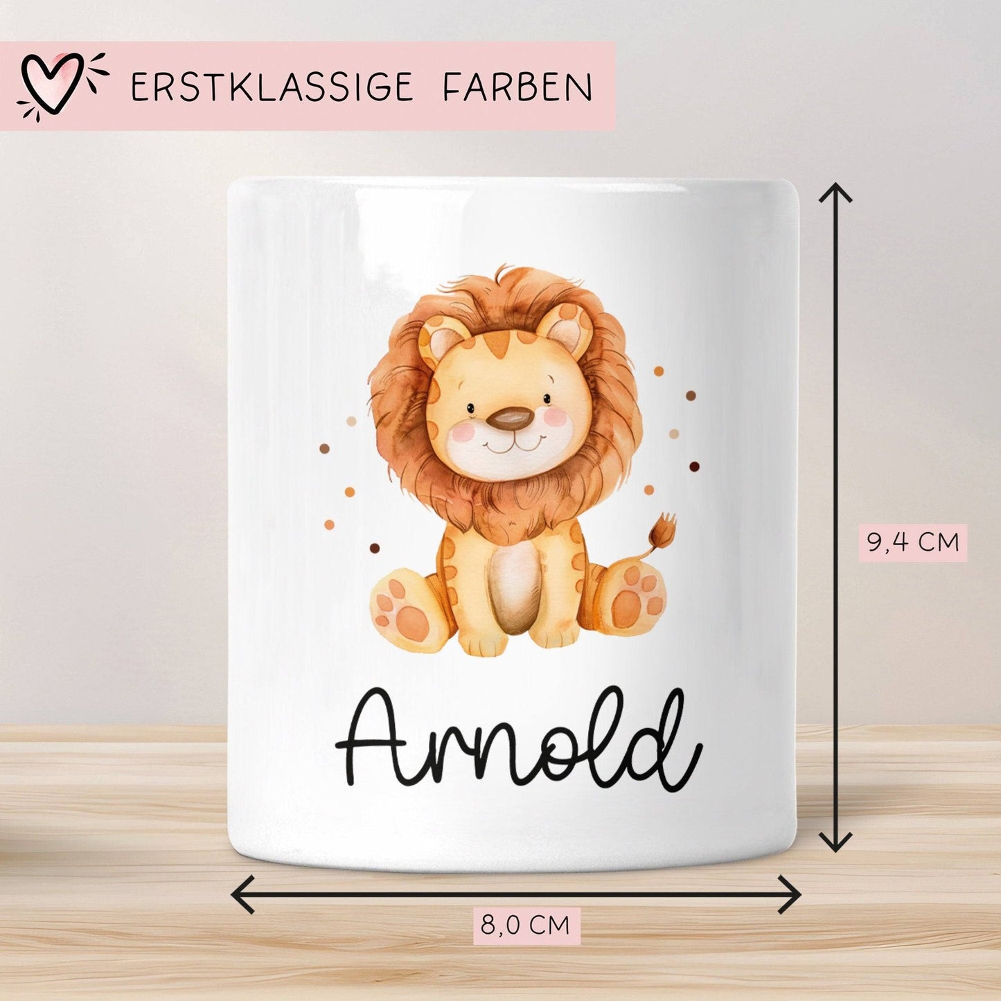 Personalisierte Kinder Spardose Löwe Tier mit Namen optional mit Datum - Gelb - Geschenk für Junge & Mädchen zum Geburtstag Weihnachten kleinebuchstaben