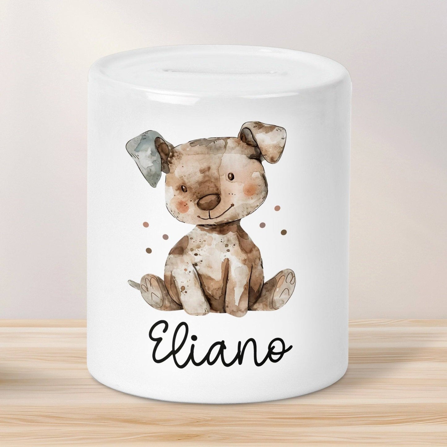 Personalisierte Kinder Spardose Tiere mit Namen optional mit Datum Geschenk für Junge & Mädchen zum Geburtstag Weihnachten, Löwe, Pferd kleinebuchstaben Spardose Hund
