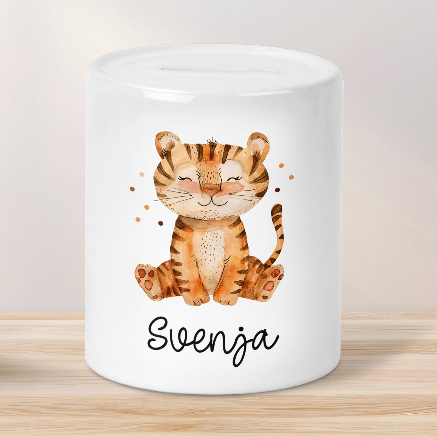 Personalisierte Kinder Spardose Tiere mit Namen optional mit Datum Geschenk für Junge & Mädchen zum Geburtstag Weihnachten, Löwe, Pferd kleinebuchstaben Spardose Tiger
