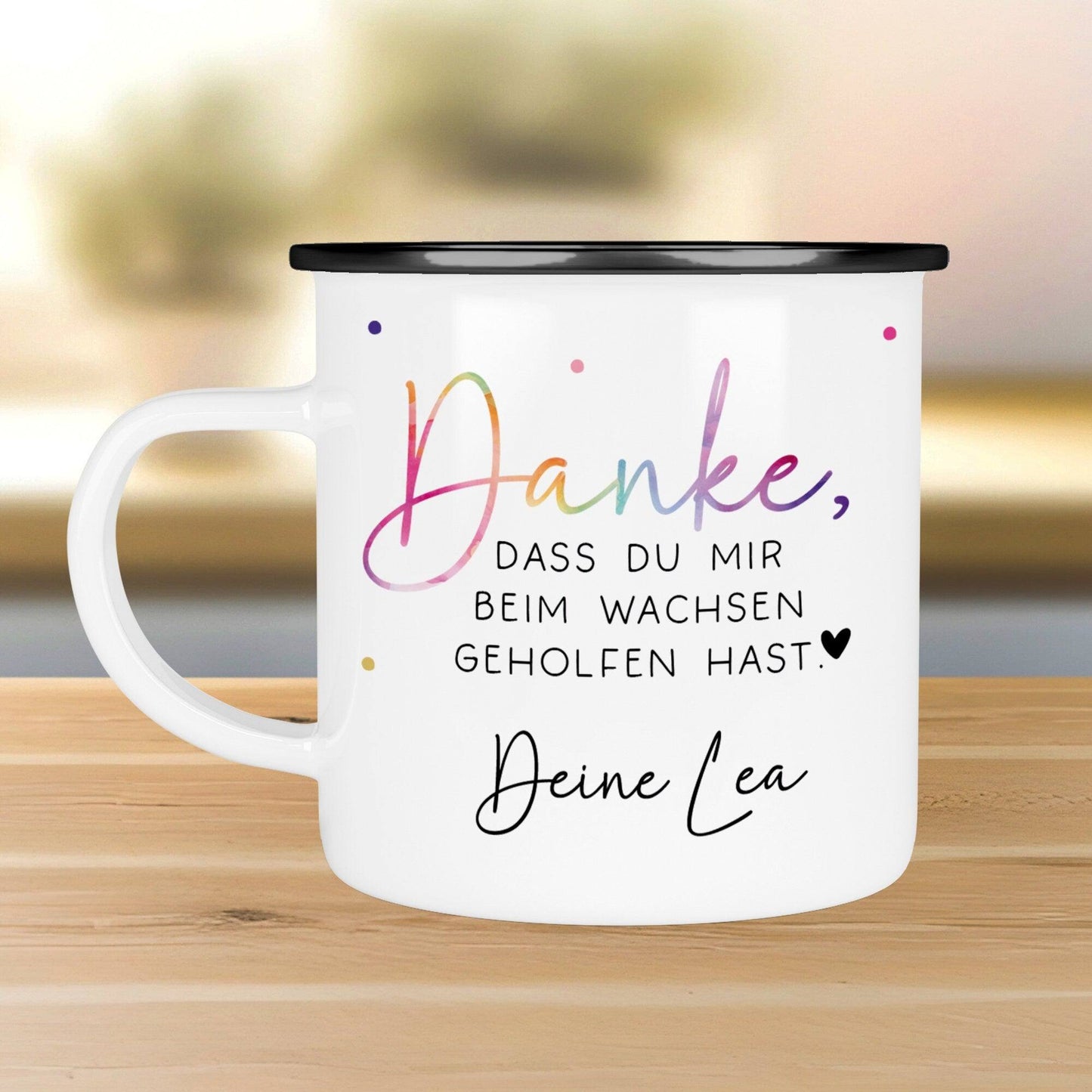 Personalisierte Tasse - Danke dass du mir beim wachsen geholfen hast - Erzieherin Tasse - Tasse Erzieherin Abschied - Wunschnamen - Geschenk kleinebuchstaben Emaille - Schwarz
