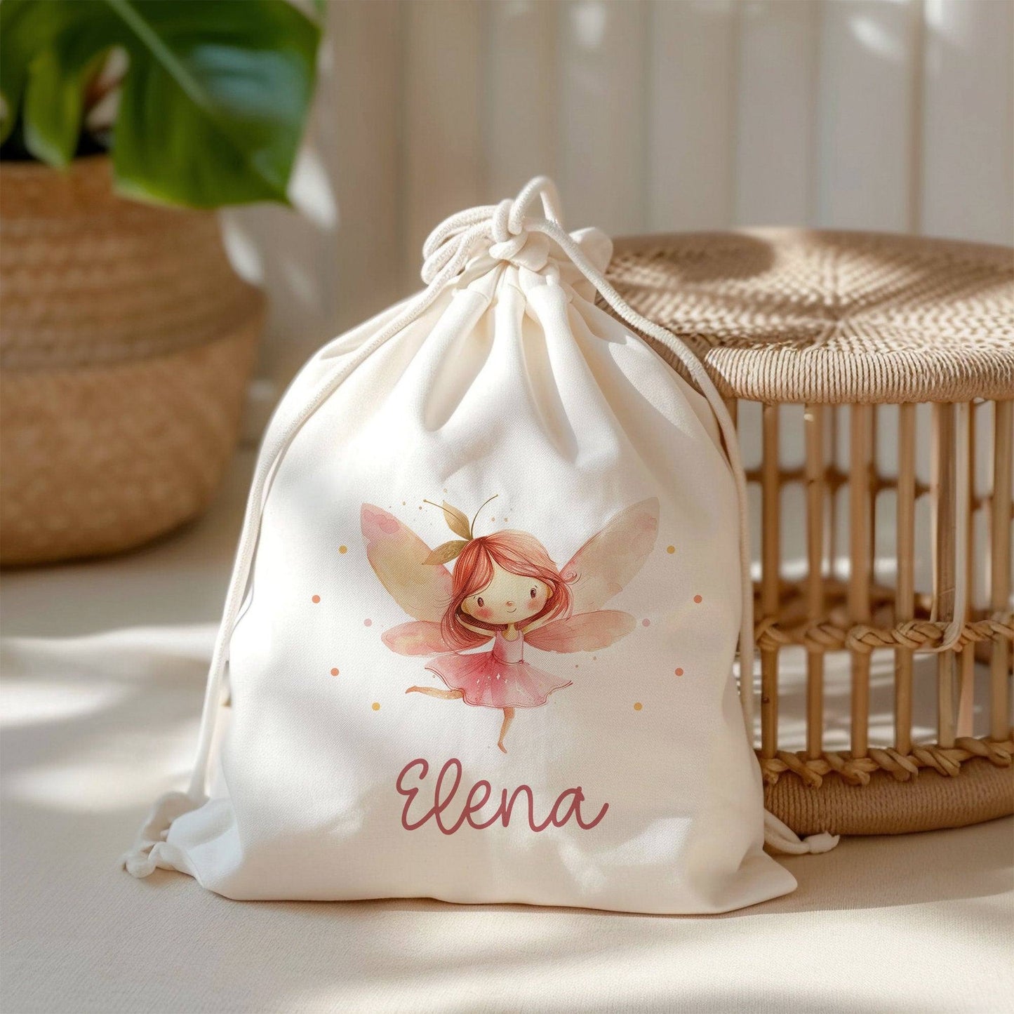 Ballerina Fee Stofftasche Einkaufstasche Kinder-Beutel mit Namen als Sporttasche, Wechselwäsche, Tragetasche -für Kita Schule & Kindergarten kleinebuchstaben Ballerina Fee Turnbeutel