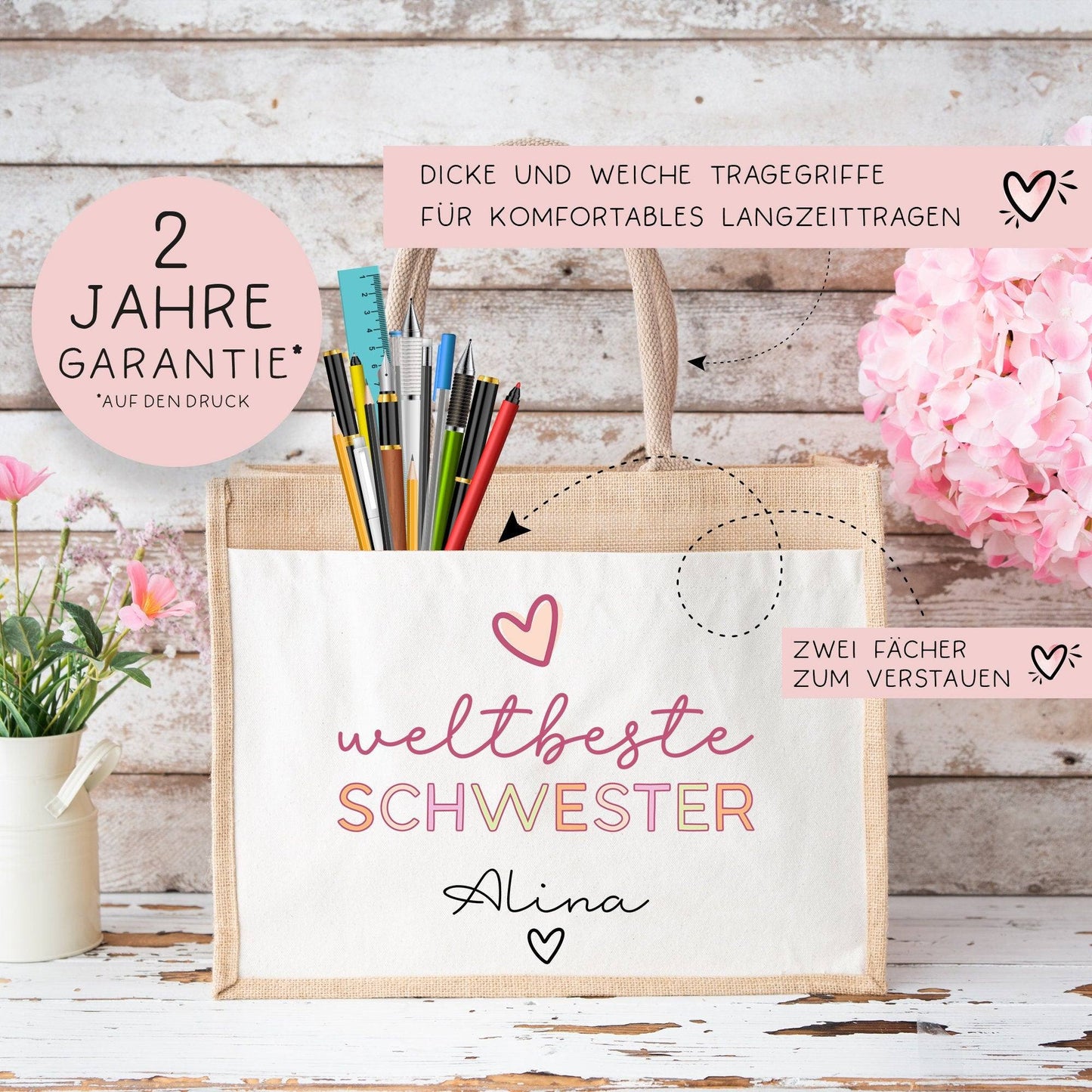 Weltbeste Schwester Tasche Stoffbeutel - mit Wunschname - Einkaufstasche - Tolle Geschenkidee für mit Namen zum Geburtstag Personalisiert kleinebuchstaben