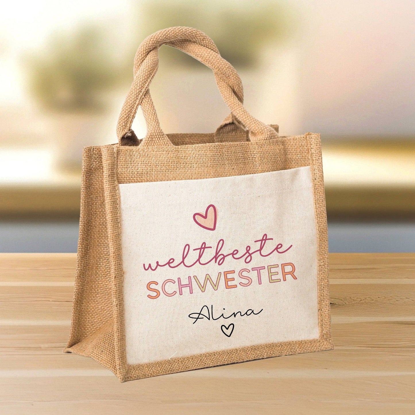 Weltbeste Schwester Tasche Stoffbeutel - mit Wunschname - Einkaufstasche - Tolle Geschenkidee für mit Namen zum Geburtstag Personalisiert kleinebuchstaben